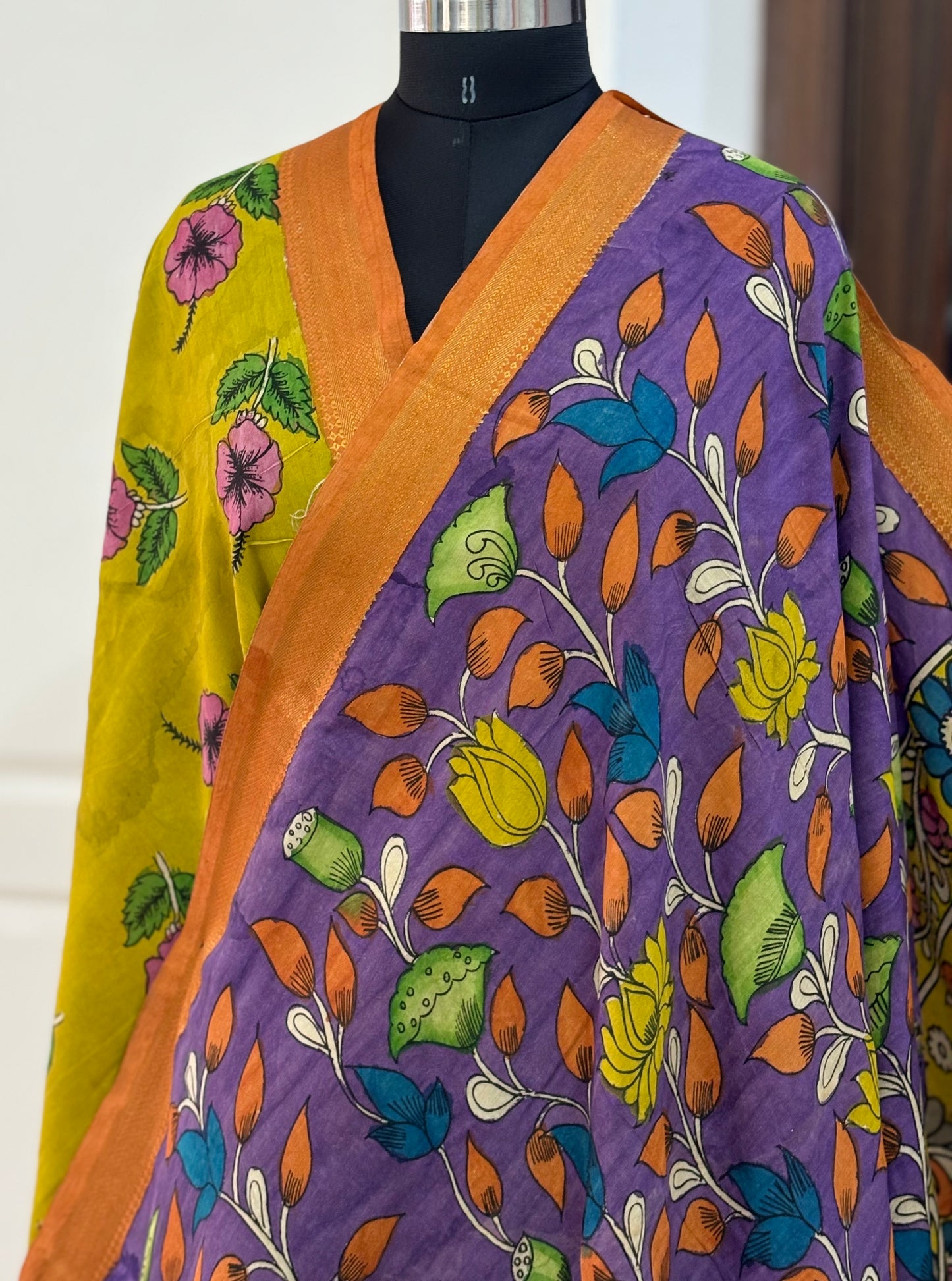 Pen Kalamkari hand painted pure cotton Saree with blouse