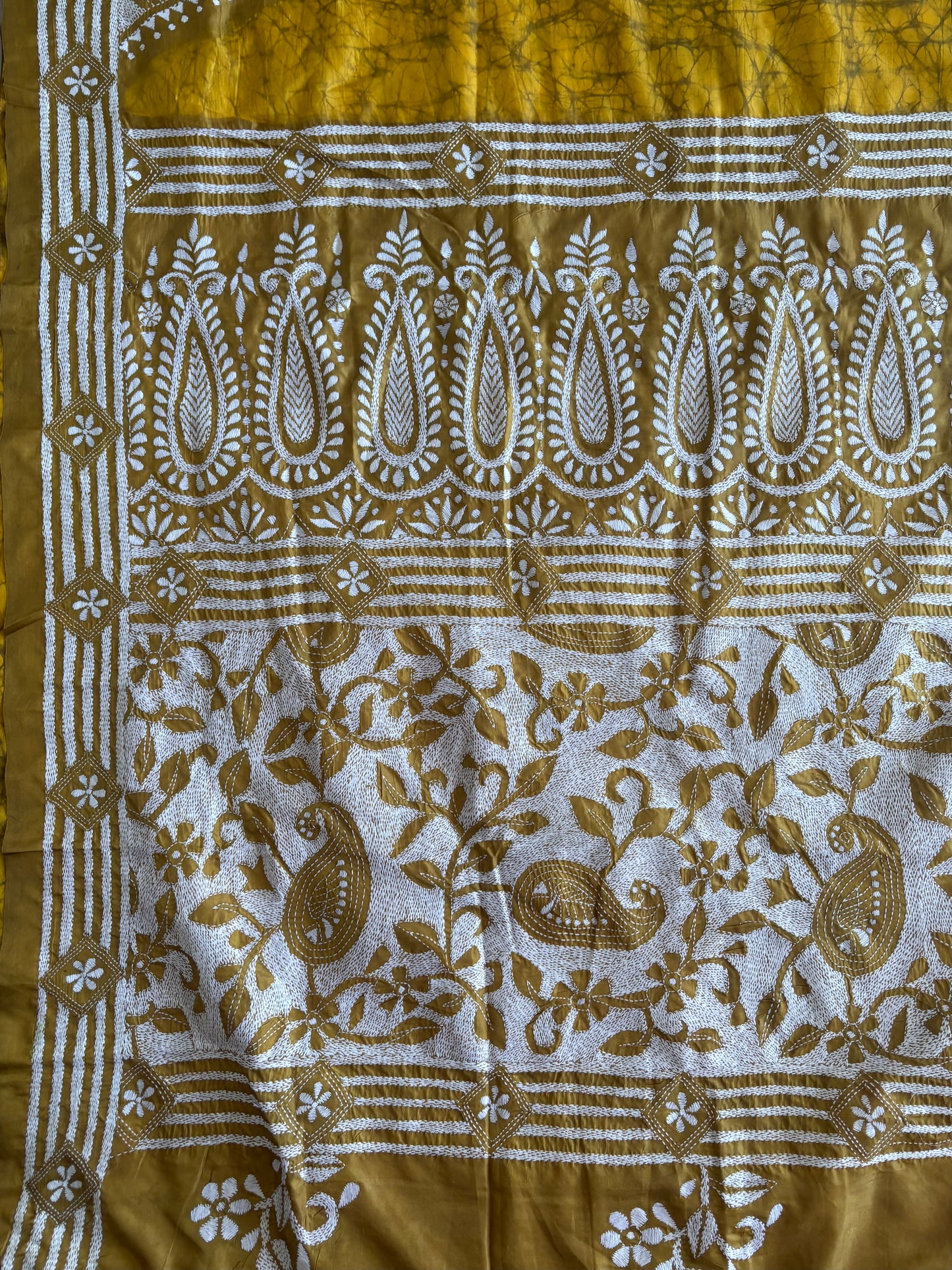 Reverse Kantha Hand Embroidered Hand Batik Art Silk Saree With Blouse