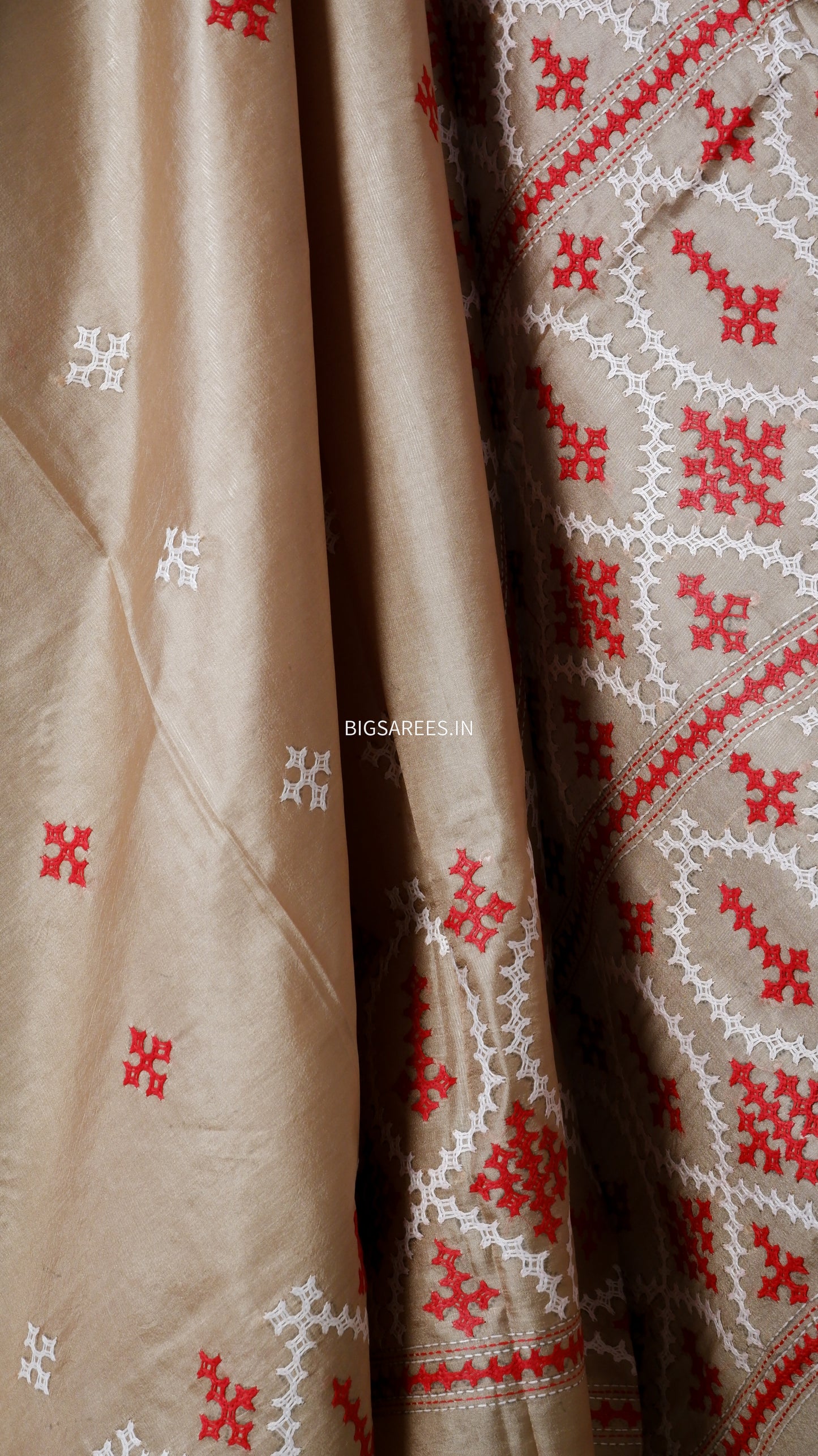 Kutch Hand Embroidered Saree| Pure Bangalore Silk | Earthy Beige