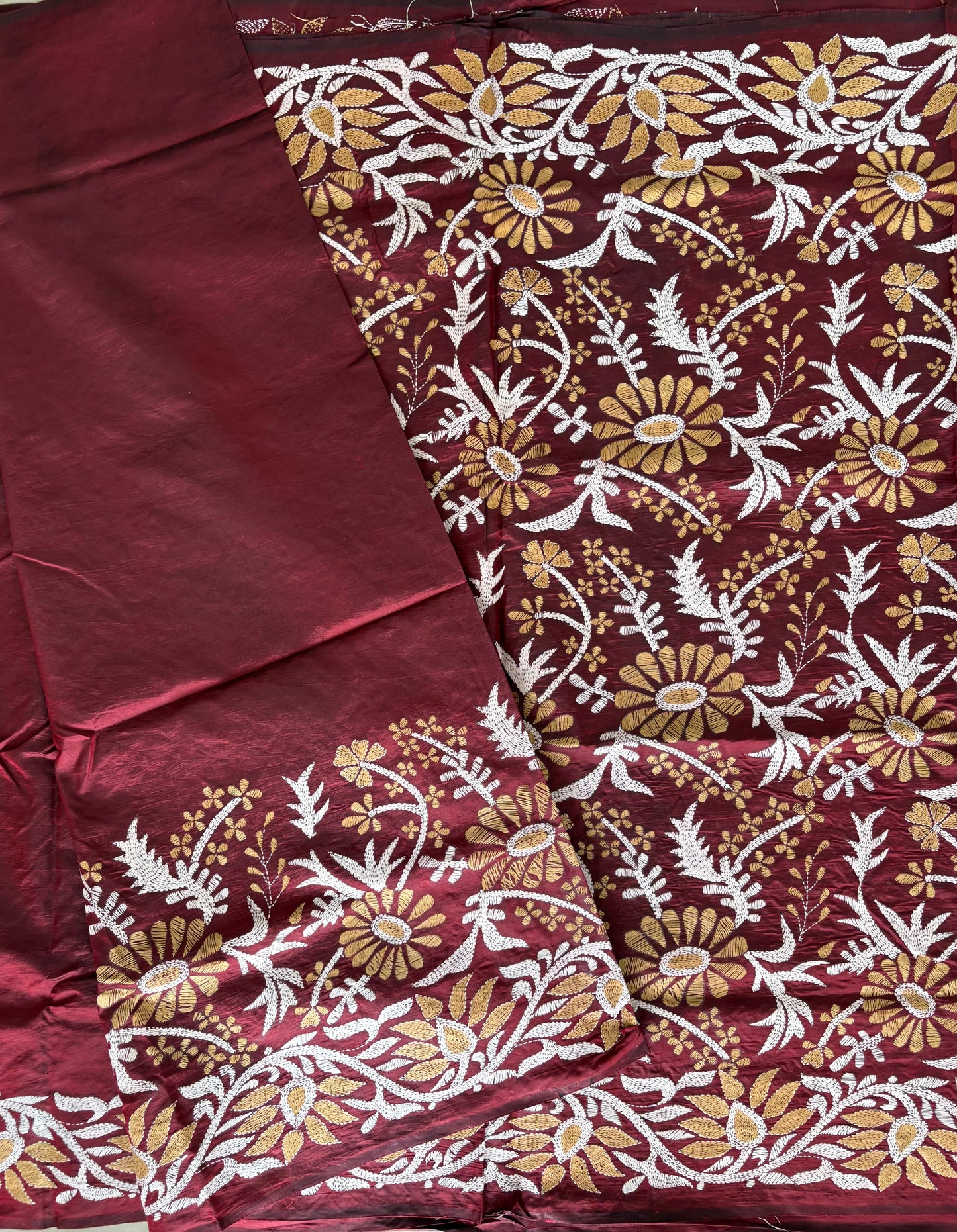 Maroon Kantha Stitch Hand Embroidered Pure Banglore Silk Saree