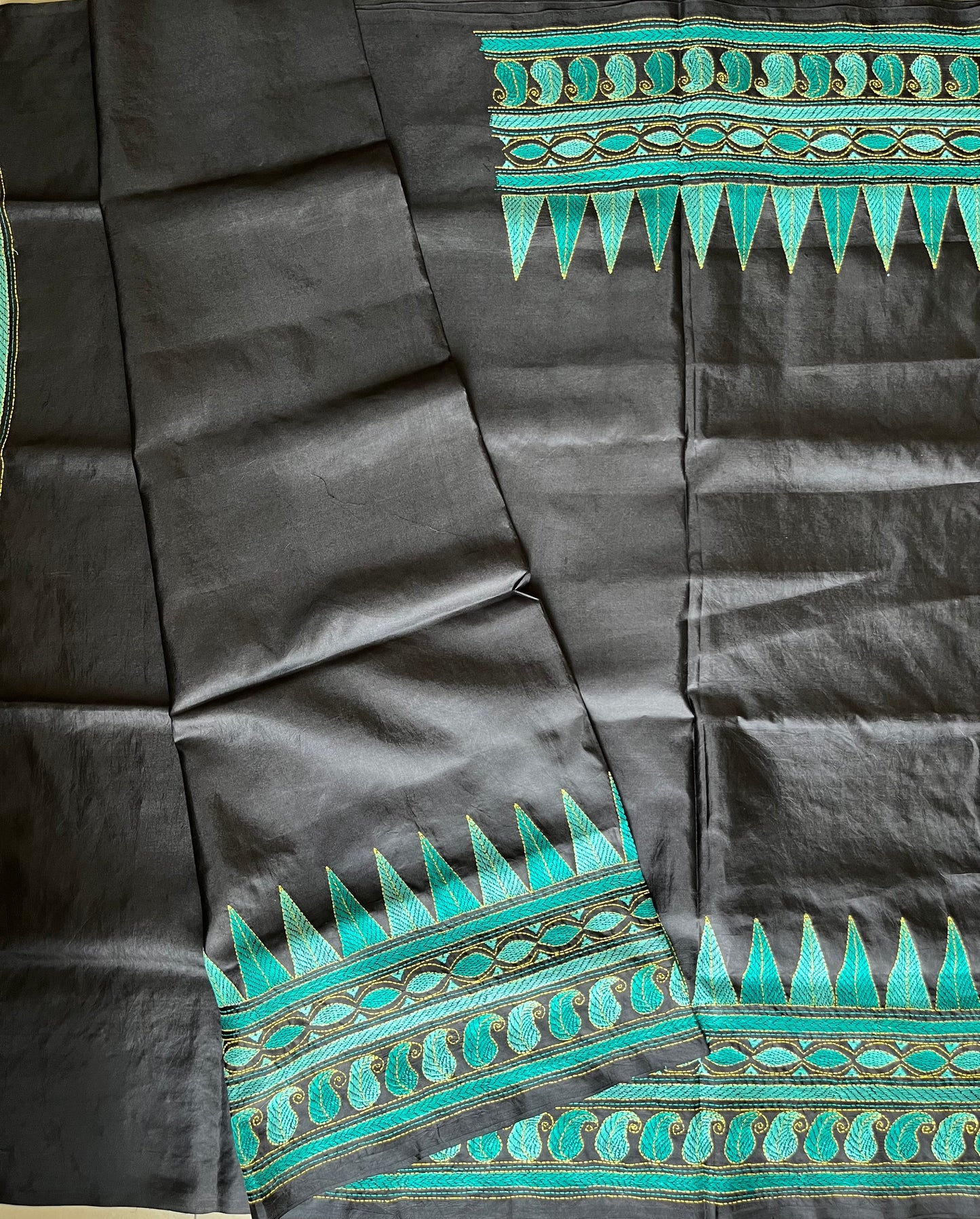 Black Kantha Hand Embroidery Pure Bangalore Silk Saree