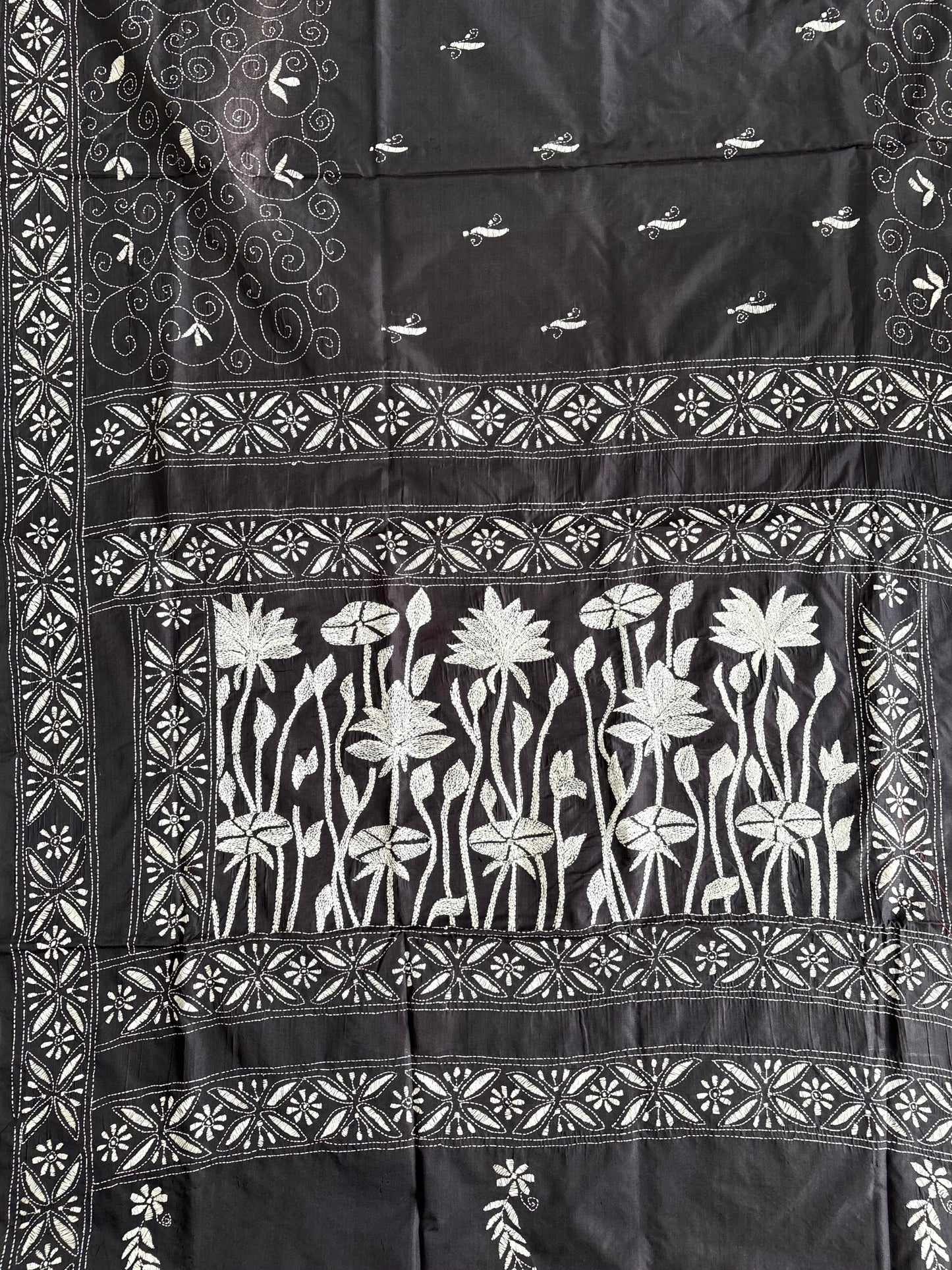 Kantha Stitch Hand Work Embroidered Art Silk Saree With Blouse