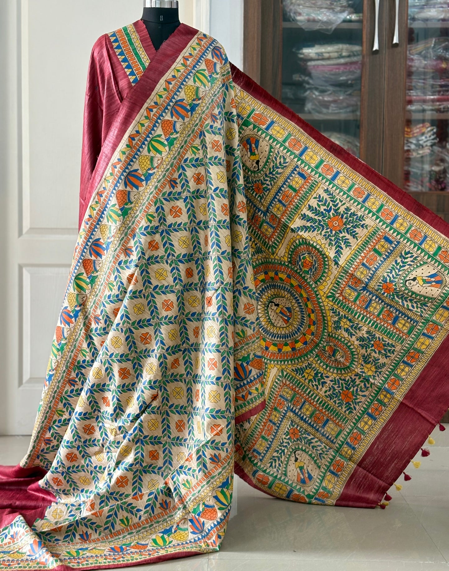 Pure Tussar Ghicha Silk Handcrafted Madhubani Half Saree (Silk Marked)