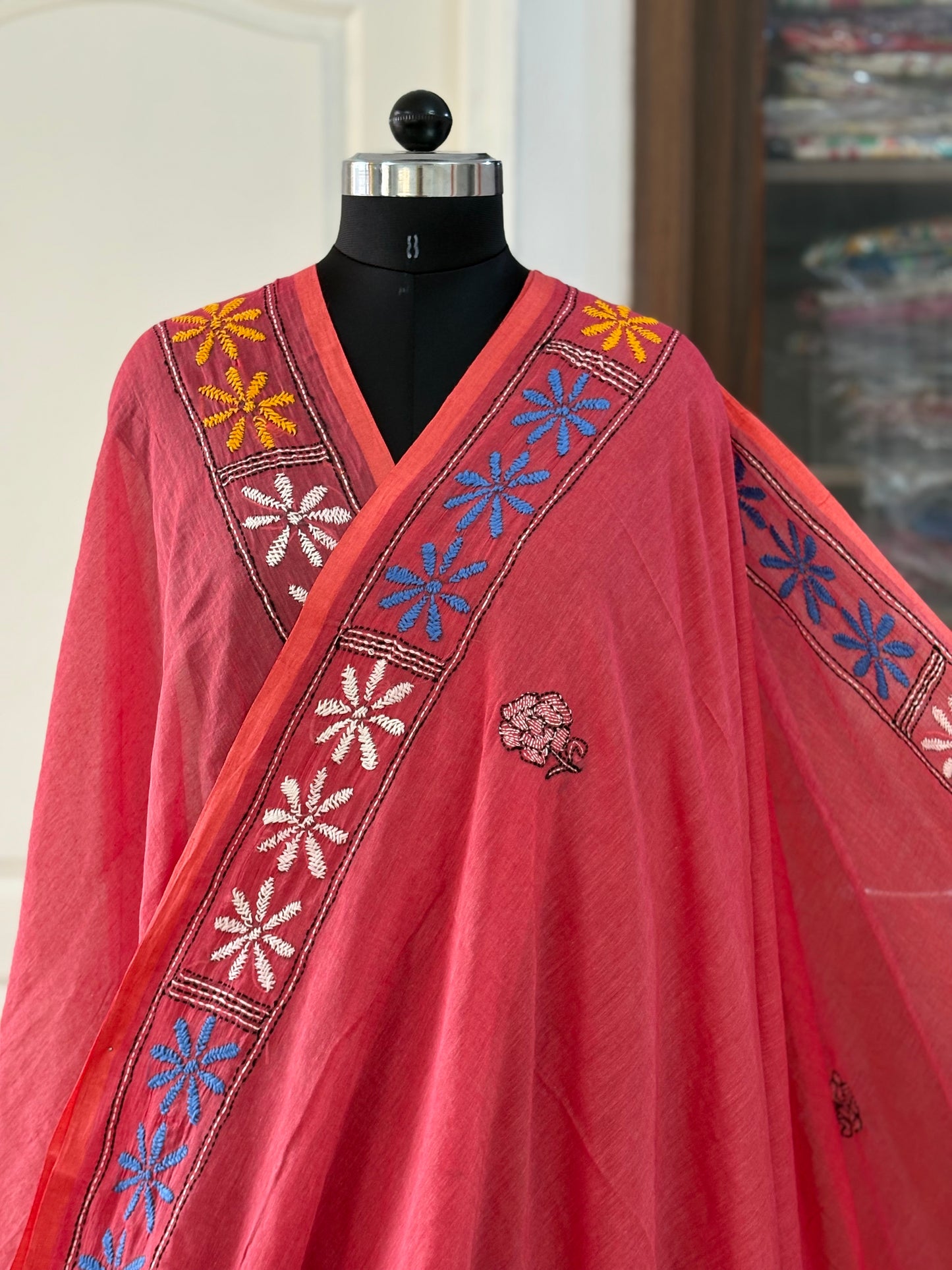 Kantha stitch Hand Embroidered Pure mul Cotton Saree