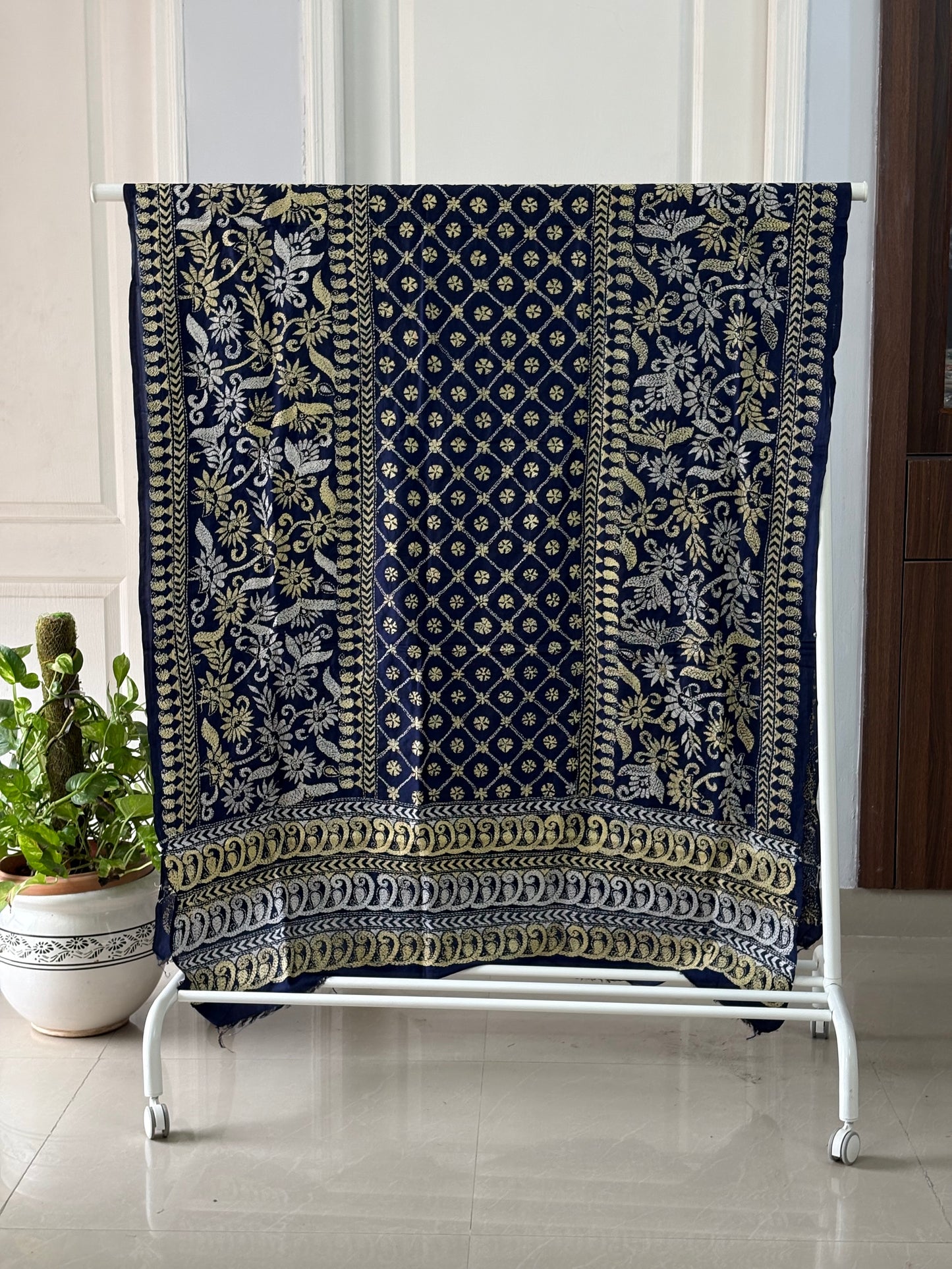 Kantha Stitch Hand Embroidary Full Work Pure Banglore Silk Dupatta - Navy Blue