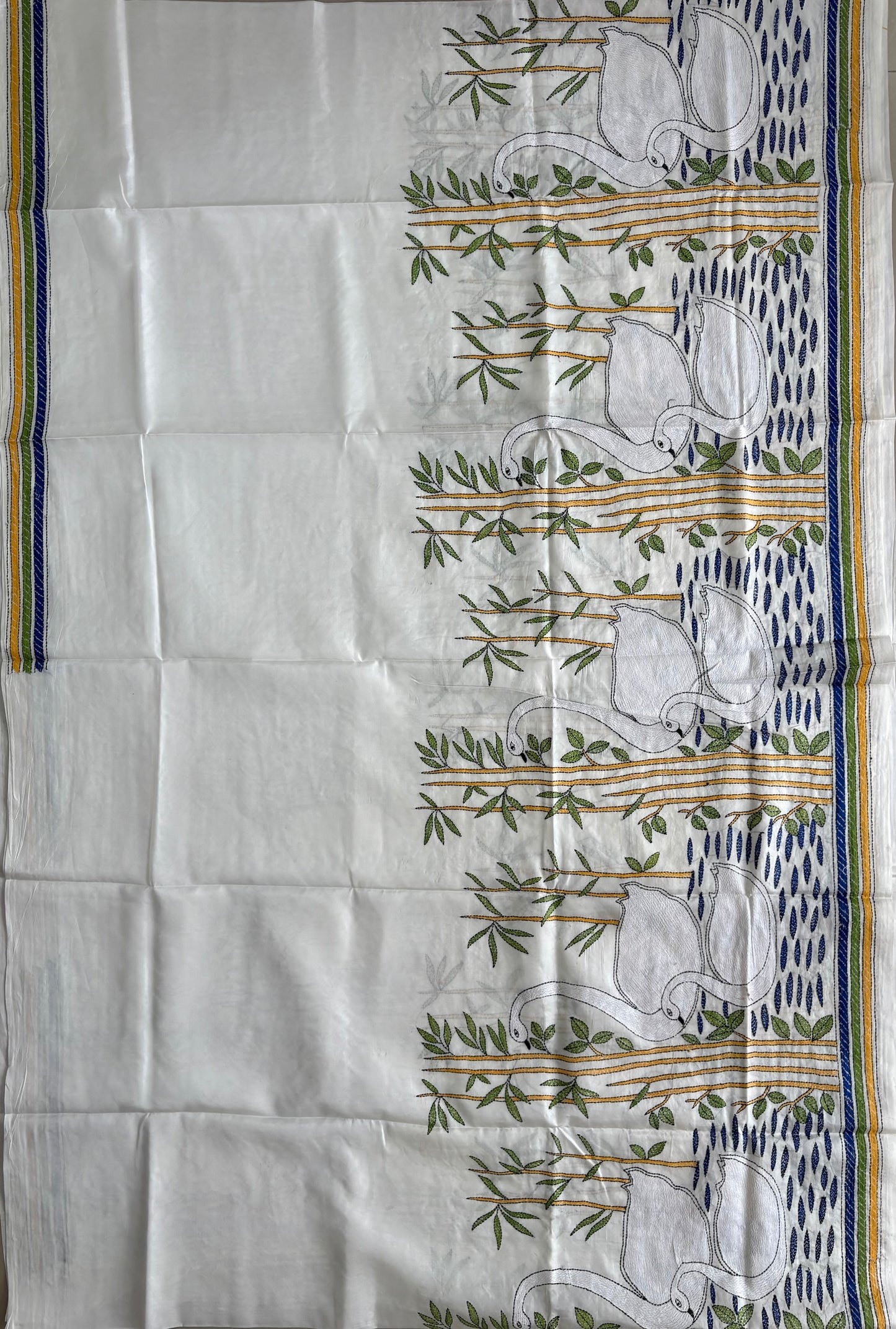 Off white Kantha stitch Saree in blended Bangalore Silk / Art Silk