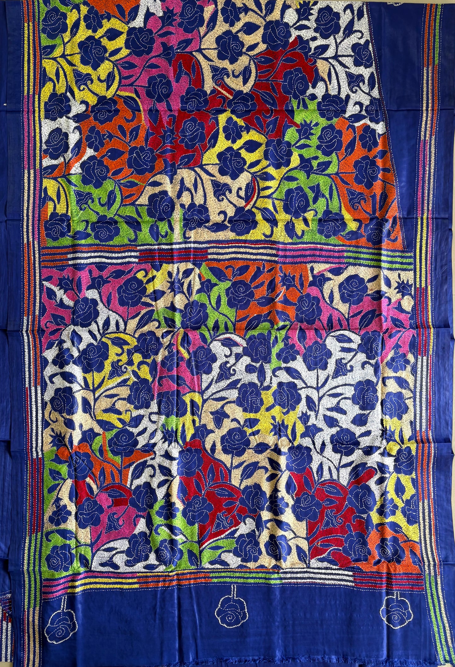 Kantha Hand Embroidered Blended Banglore Silk/Art Silk Saree With Blouse