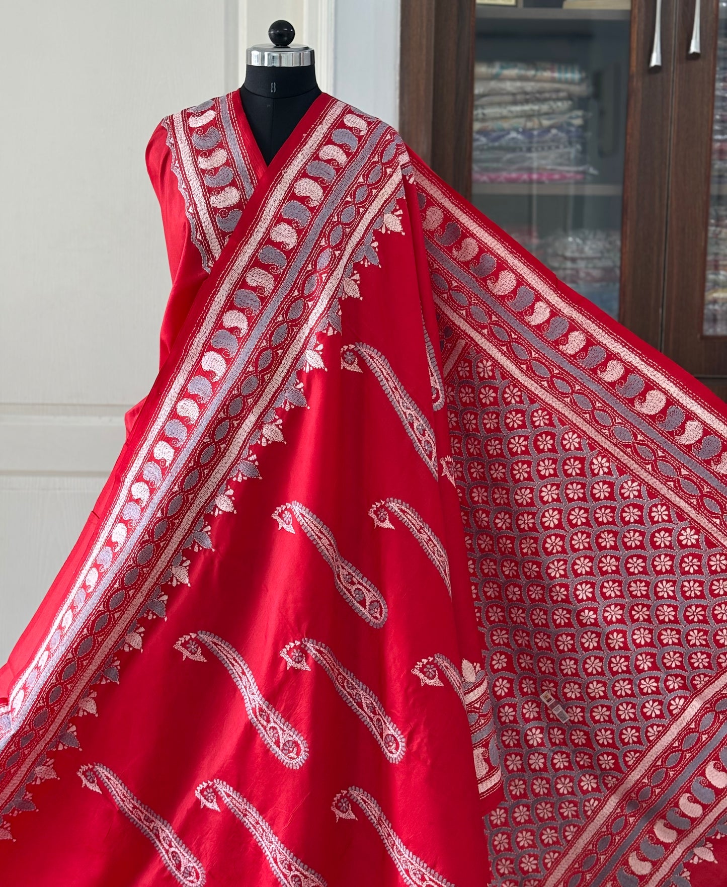 Red Kantha Stitch Hand Embroidered Pure Banglore Silk Saree (Silk Marked)