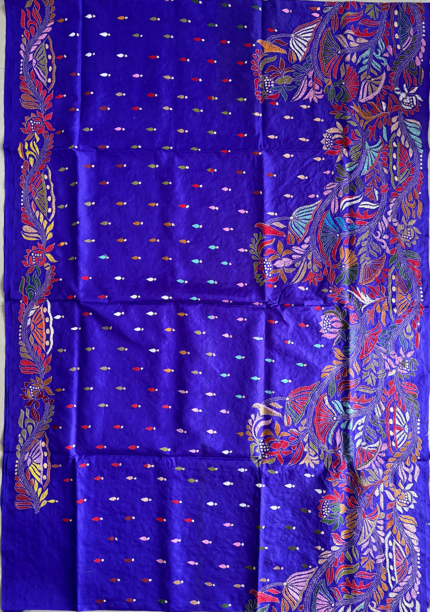 Blue Kantha Stitch Hand Embroidered Pure Banglore Silk Saree