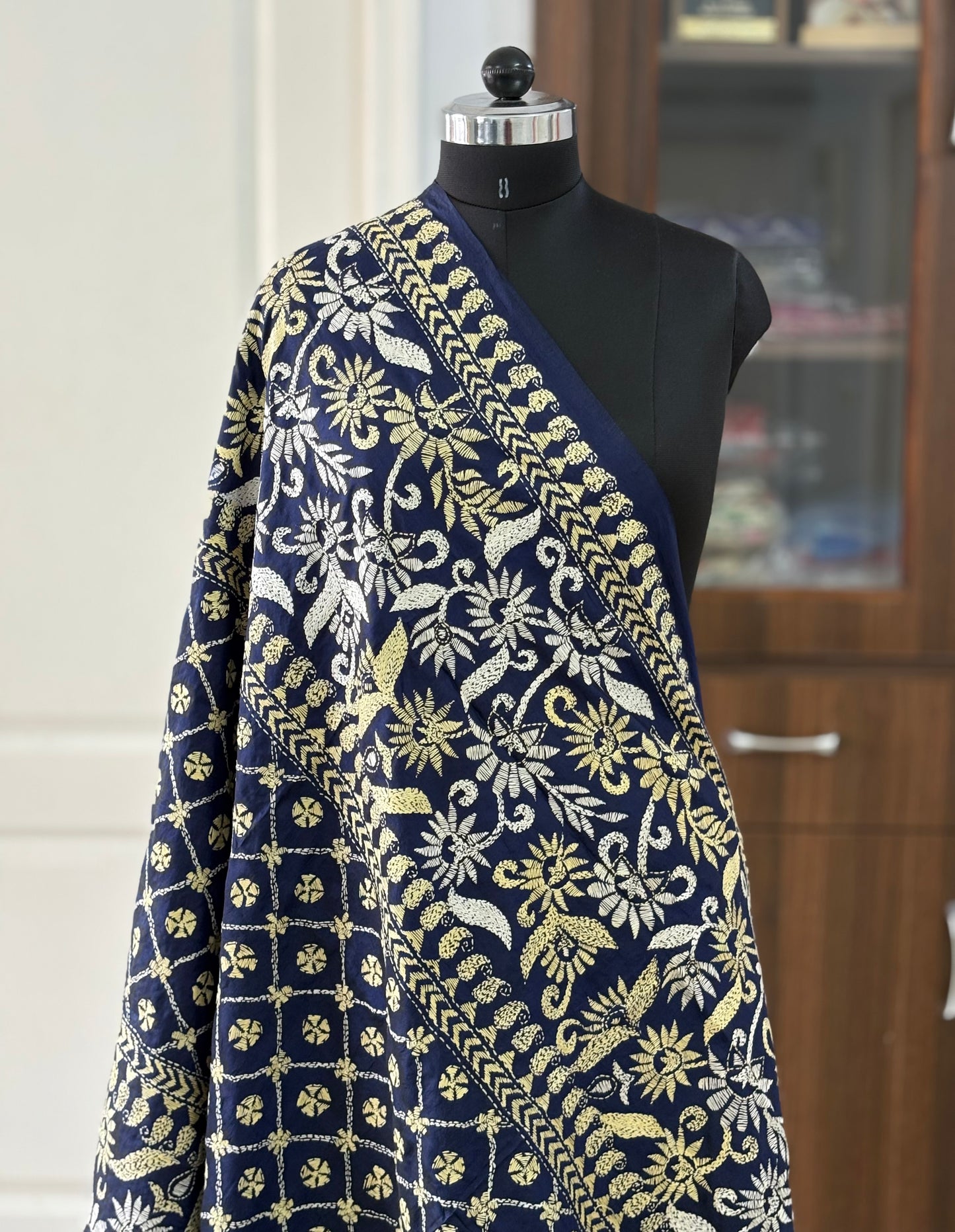 Kantha Stitch Hand Embroidary Full Work Pure Banglore Silk Dupatta - Navy Blue
