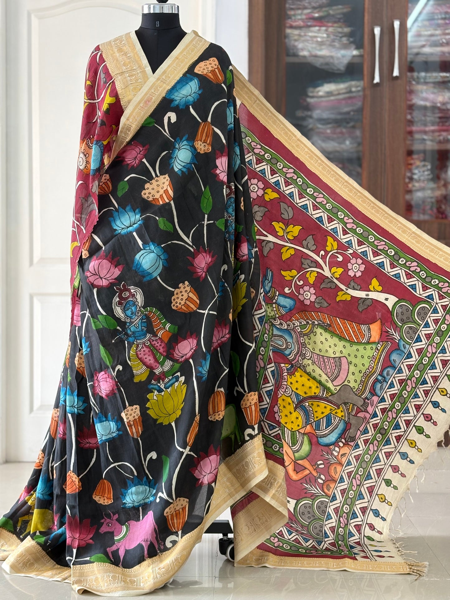 Pen Kalamkari hand painted Banglore Silk Saree with blouse