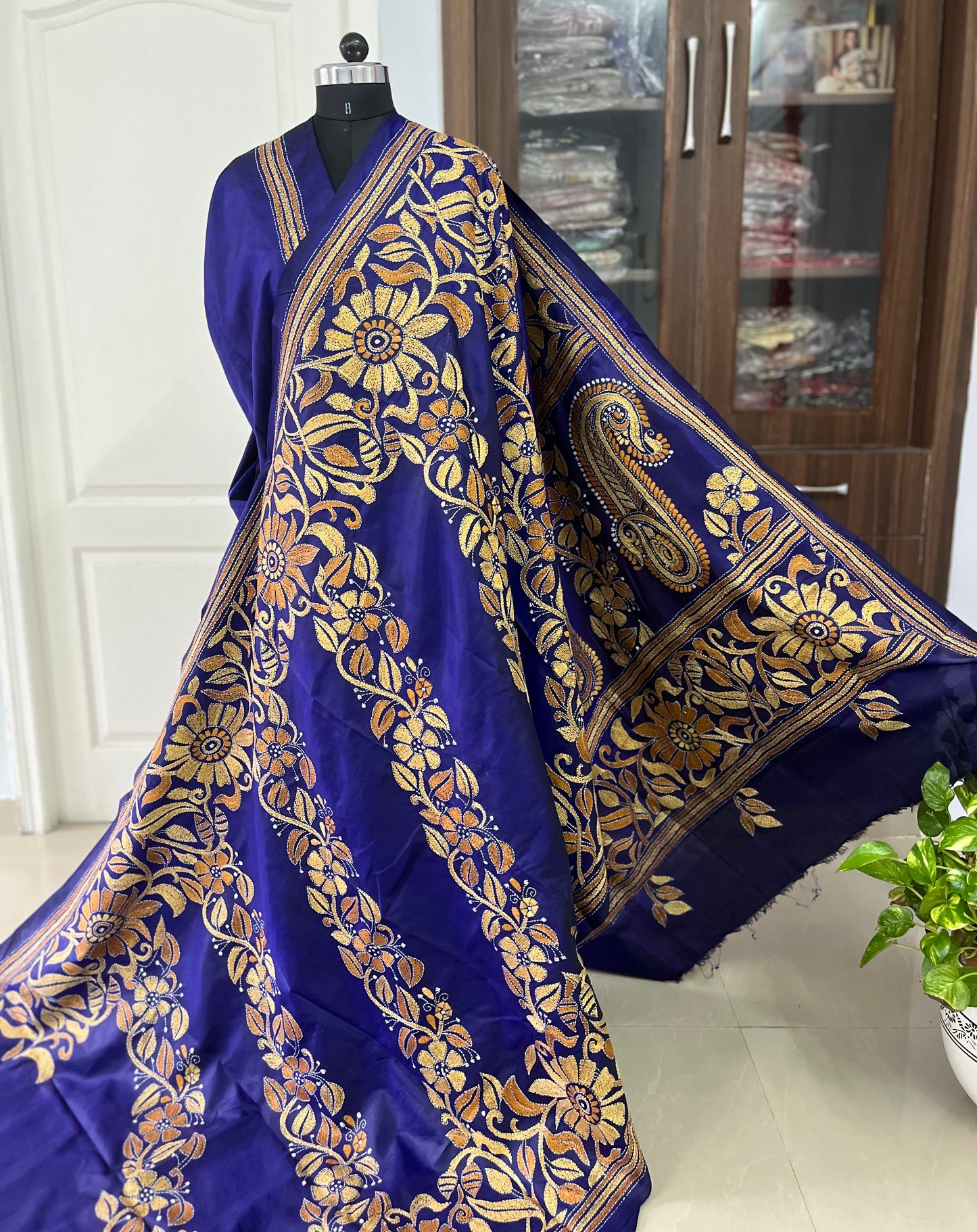 Kantha - Stitch Hand Embroidered Saree | Pure Bangalore Silk | Silk Mark Certified | Royal Blue