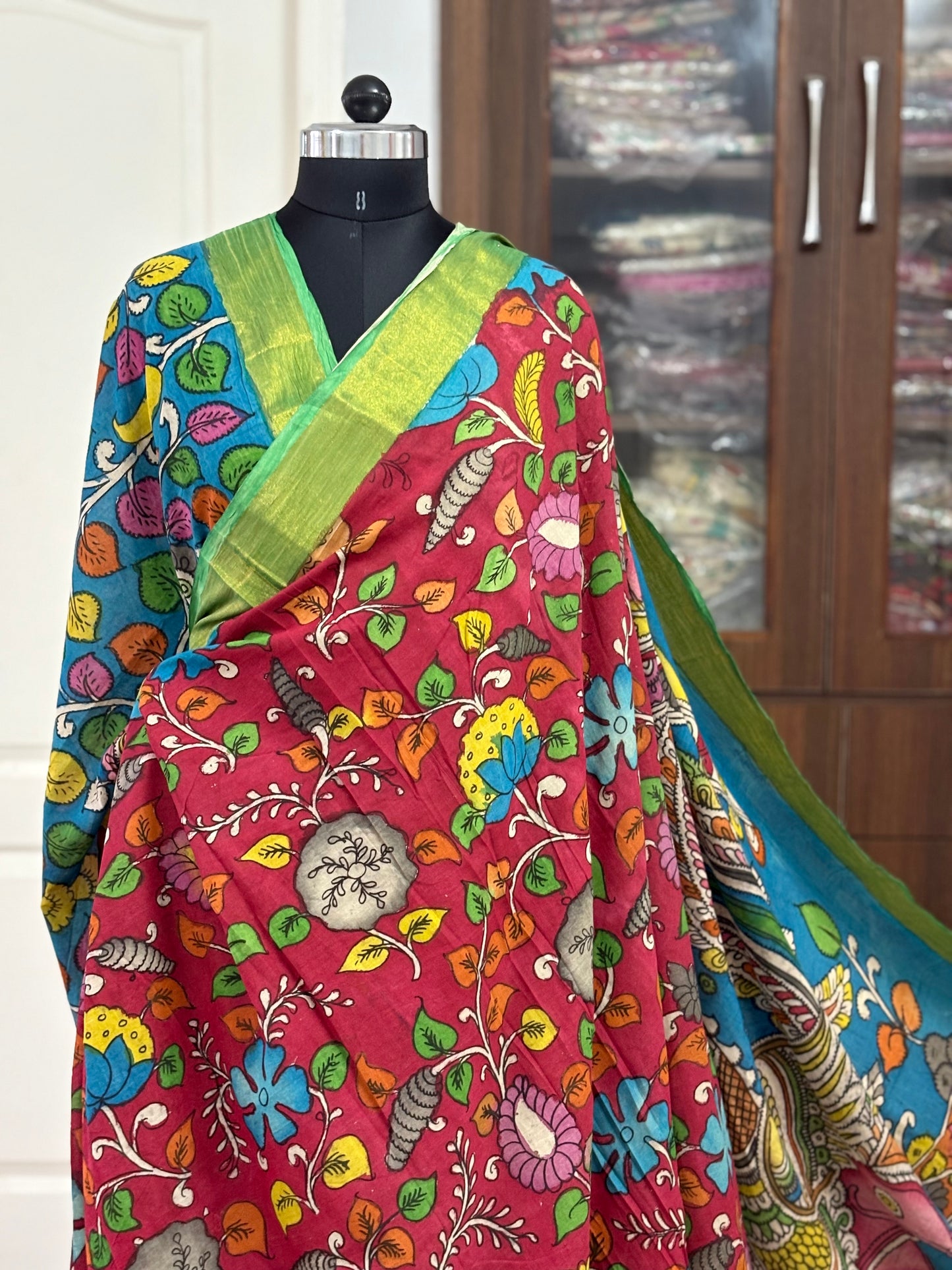 Pen Kalamkari hand painted pure cotton Saree with blouse