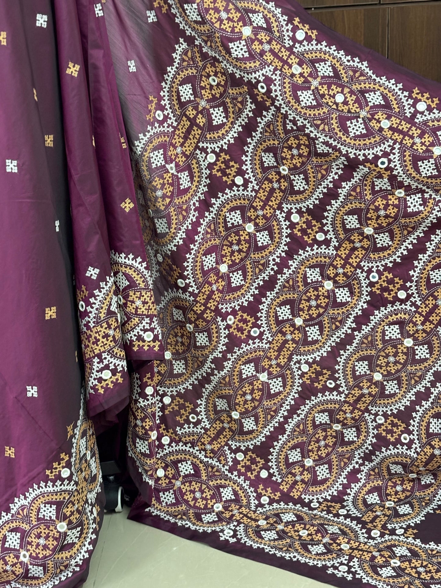 Mirror work Gujrati Stitch/Kutch Hand Embroidered Art Silk Saree