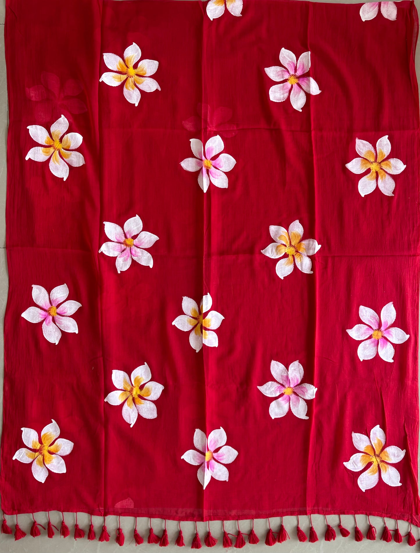 Hand Painted Mul Cotton Saree - Red