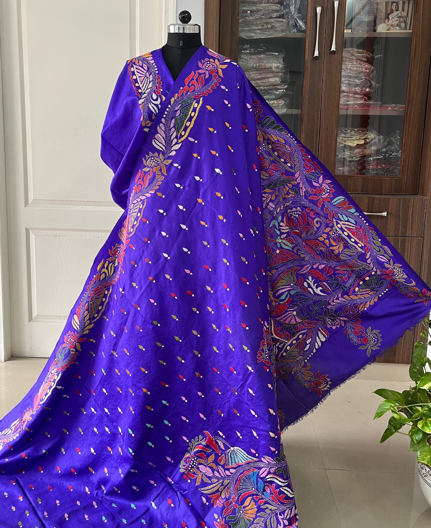 Blue Kantha Stitch Hand Embroidered Pure Banglore Silk Saree