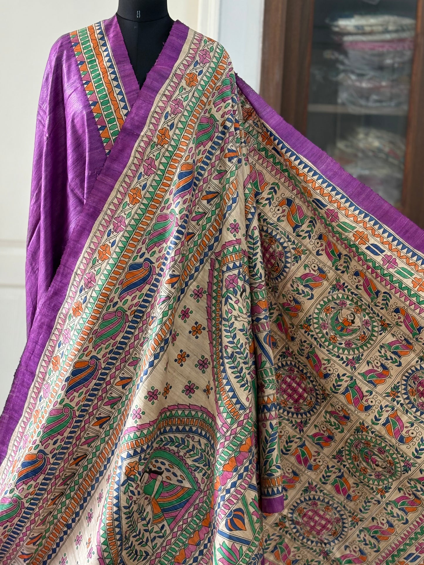 Pure Tussar Ghicha Silk Handcrafted Madhubani Half Saree (Silk Marked)