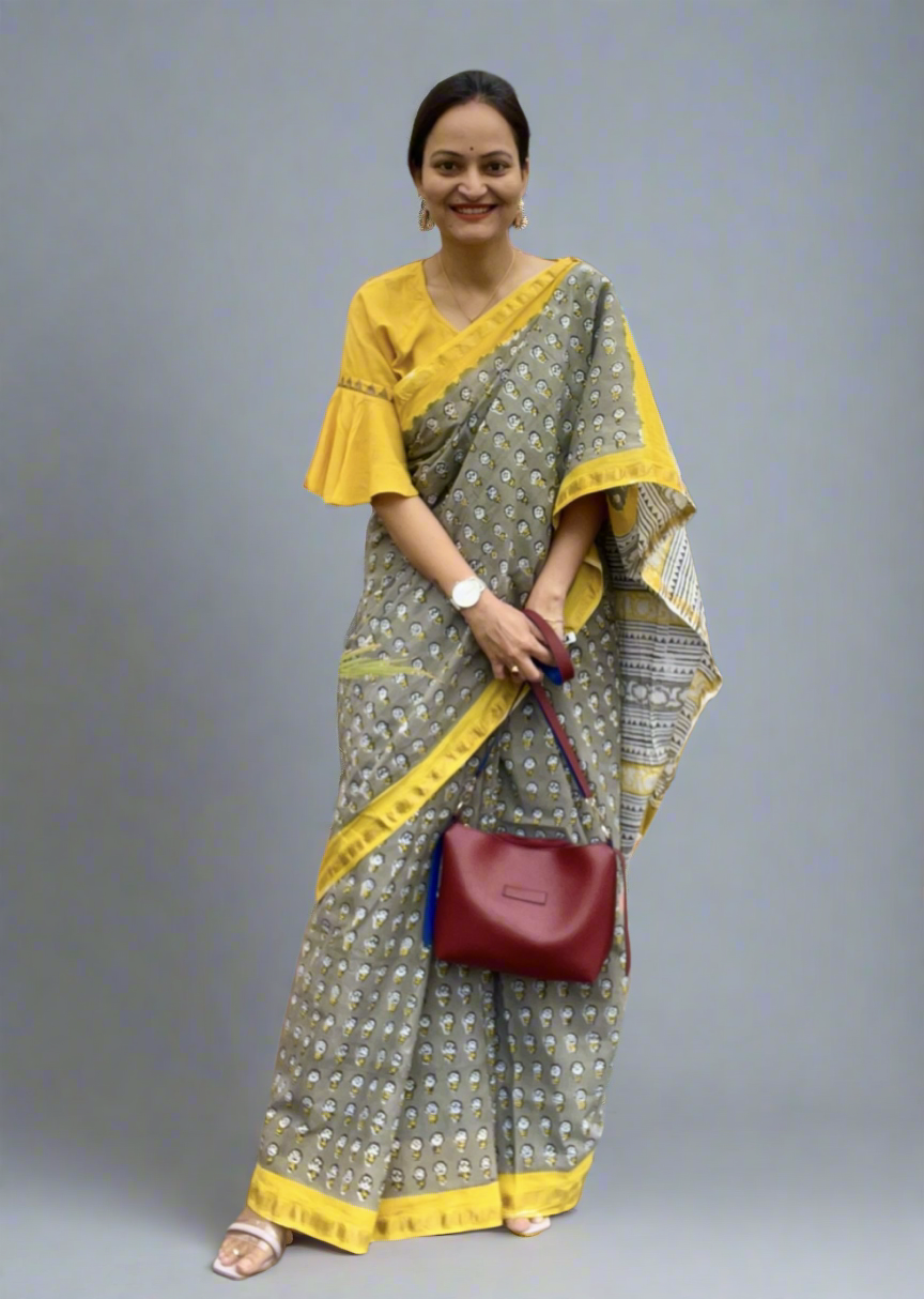Handblock Printed Natural Dye Mulmul Cotton Saree