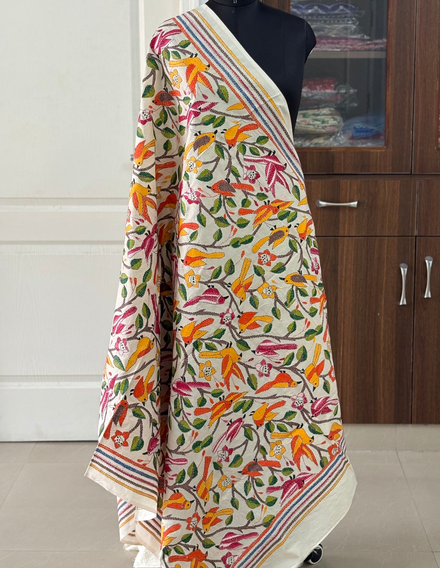 Kantha stitch hand embroidered heavy work Semi Tassar Silk Dupatta 44″
