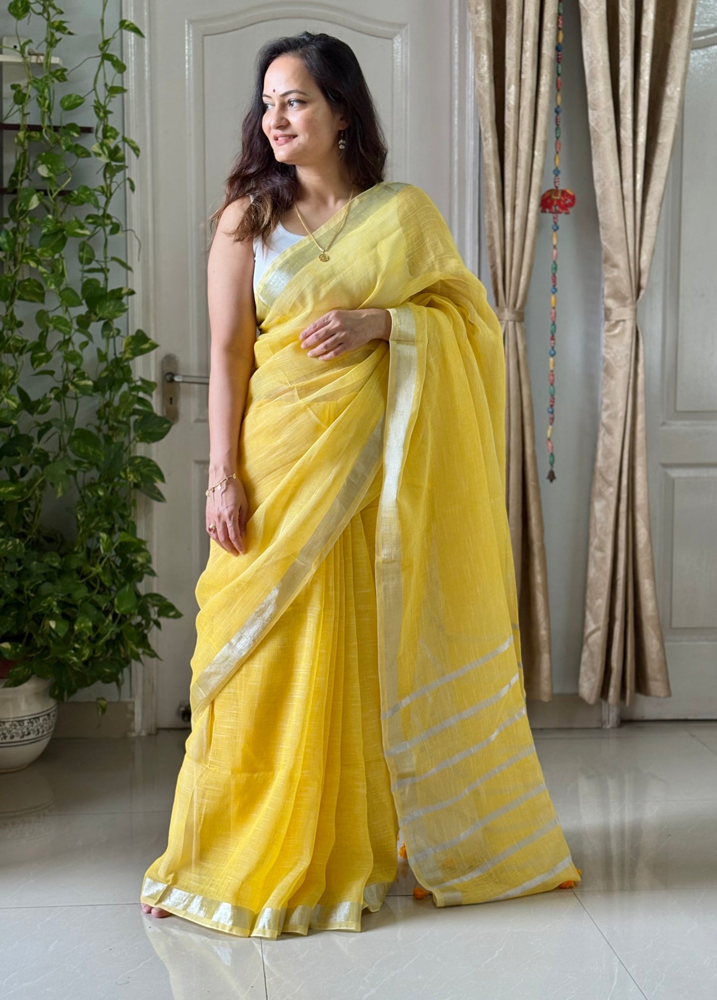 Linen By Linen Saree With Blouse - yellow