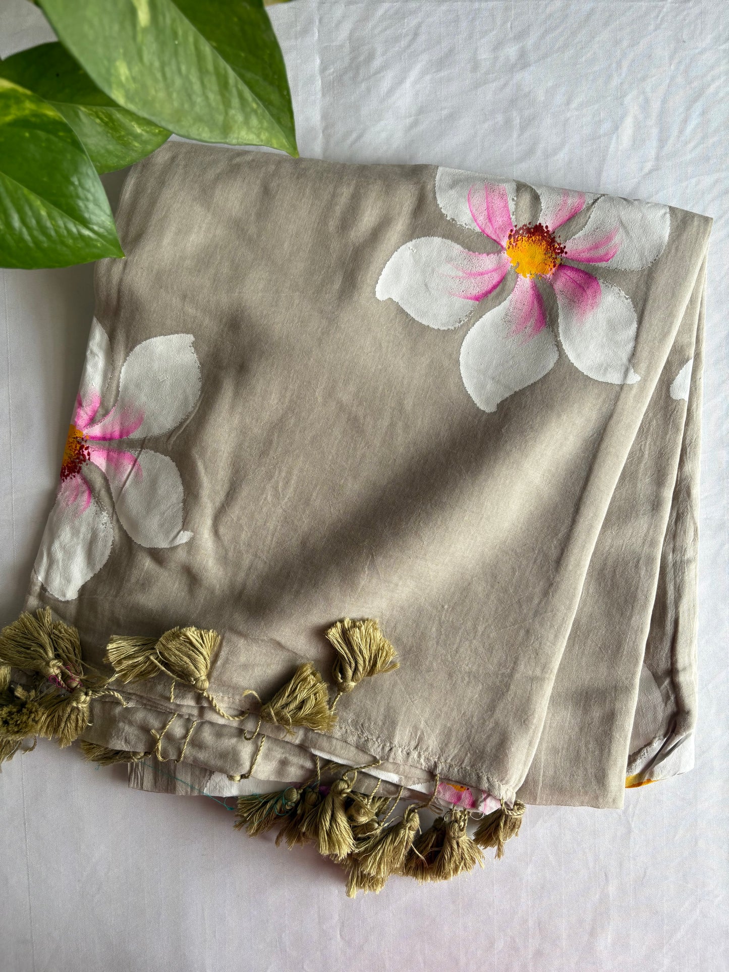 Hand Painted Mul Cotton Saree - sand colour