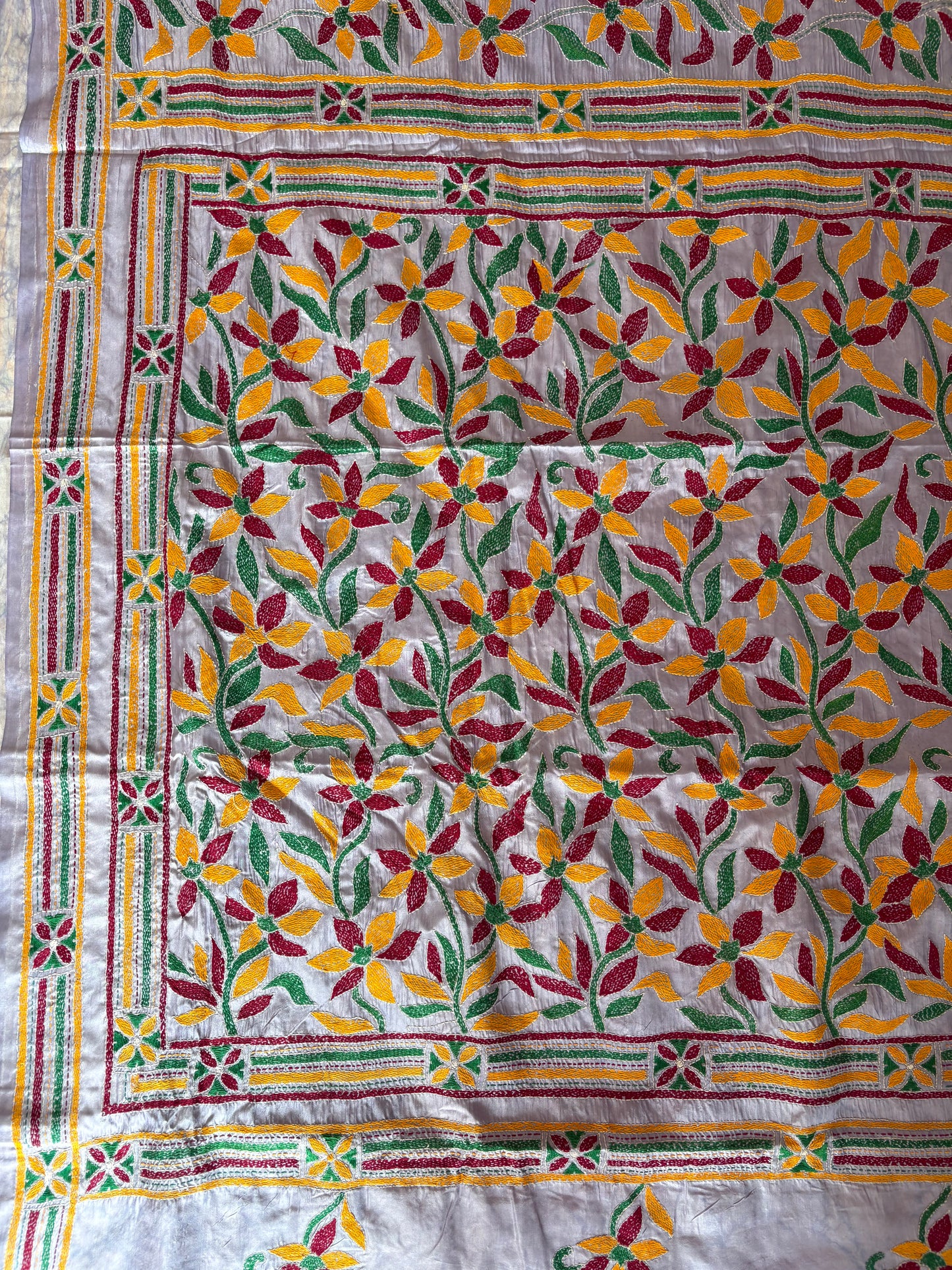 Kantha - Stitch Hand Embroidered Saree | Blended Bangalore Silk / Art Silk