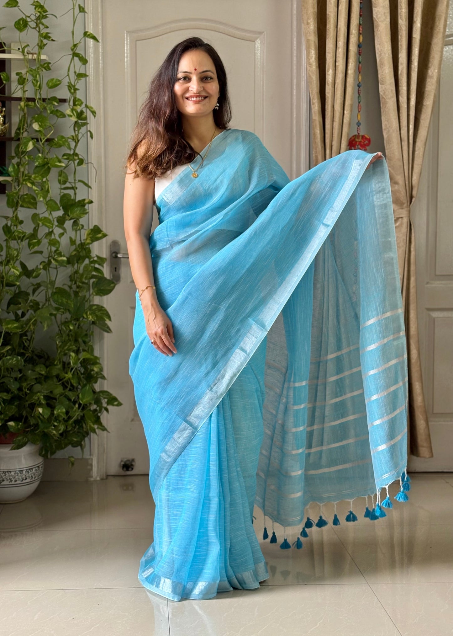 Linen By Linen Saree With Blouse - Sky Blue