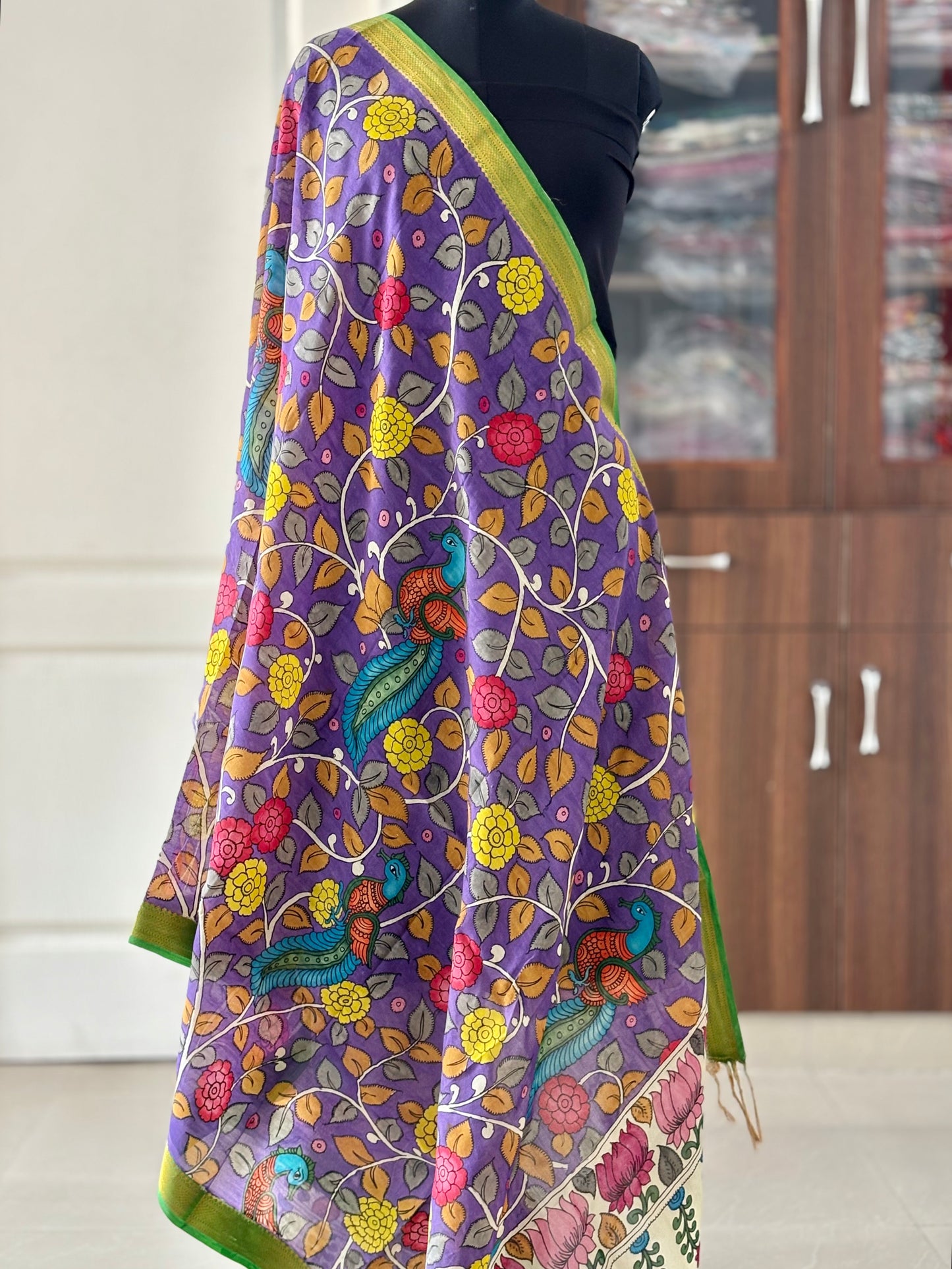 Pen Kalamkari hand painted Banglore Silk Dupatta