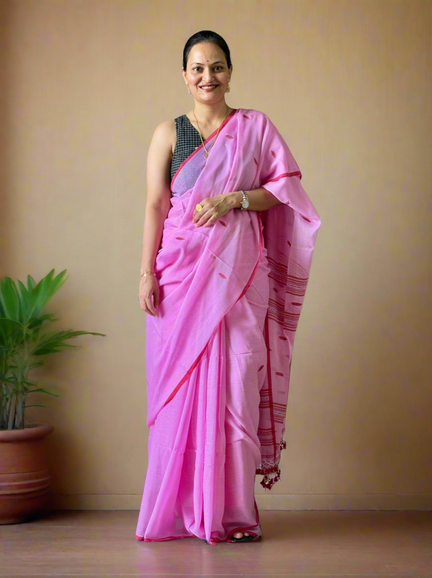 Handloom marked pure Mul Cotton Saree - Pink