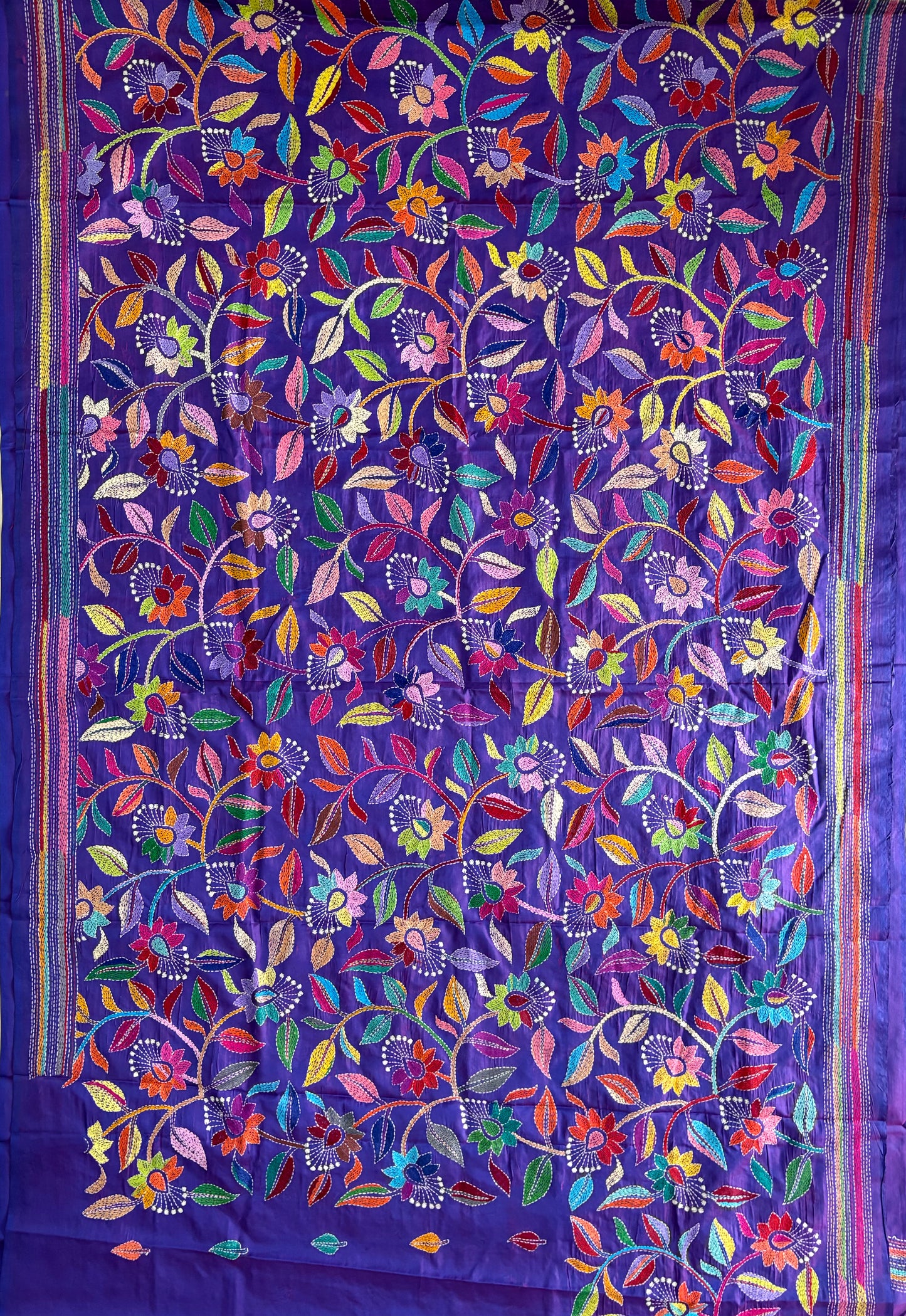 Kantha Hand Embroidered Blended Banglore Silk/Art Silk Saree With Blouse - Purple