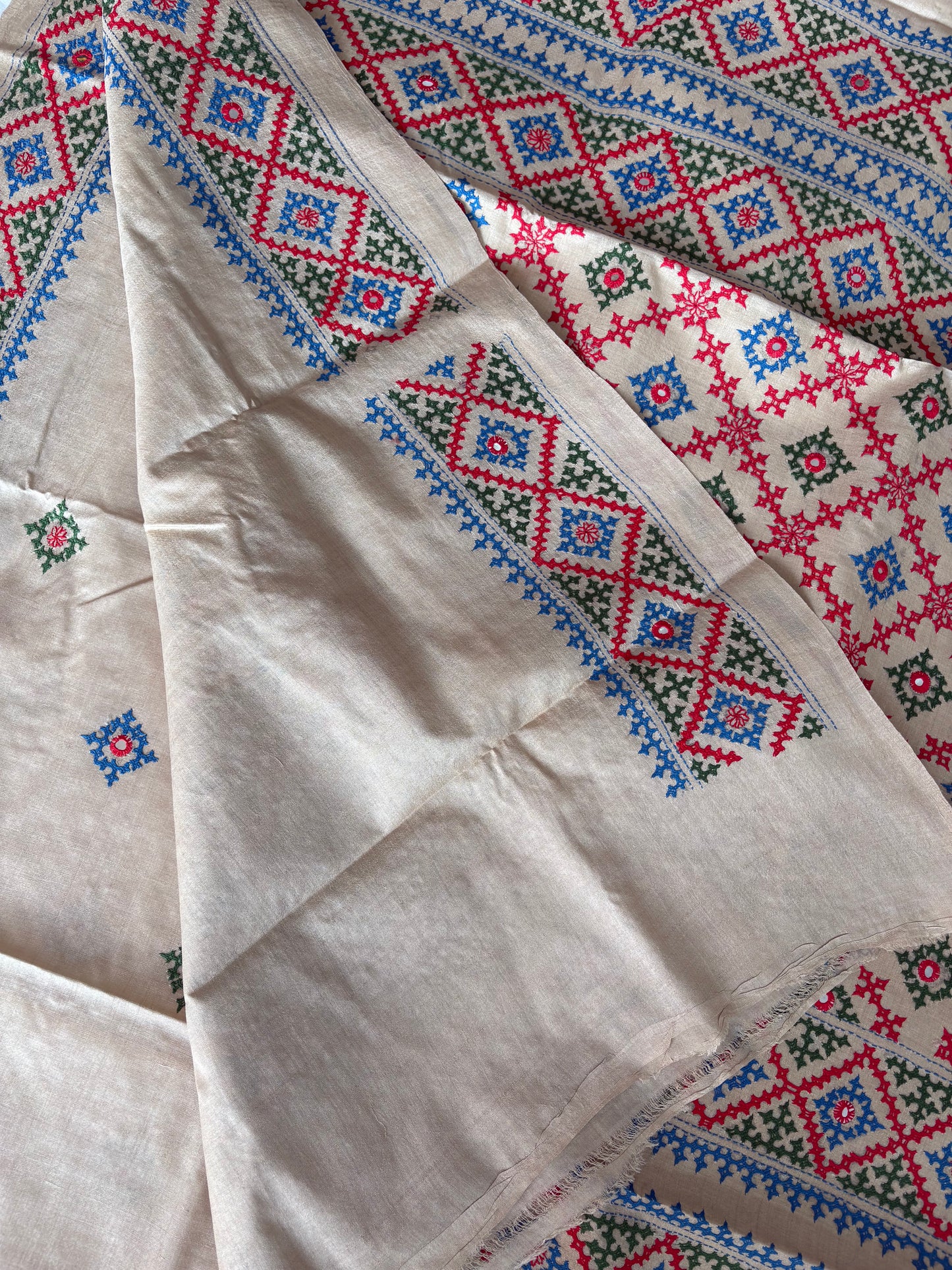 Kutchi Hand Embroidered Saree | Pure Gachi by Gachi Tassar Silk | Silk Marked | Off-White