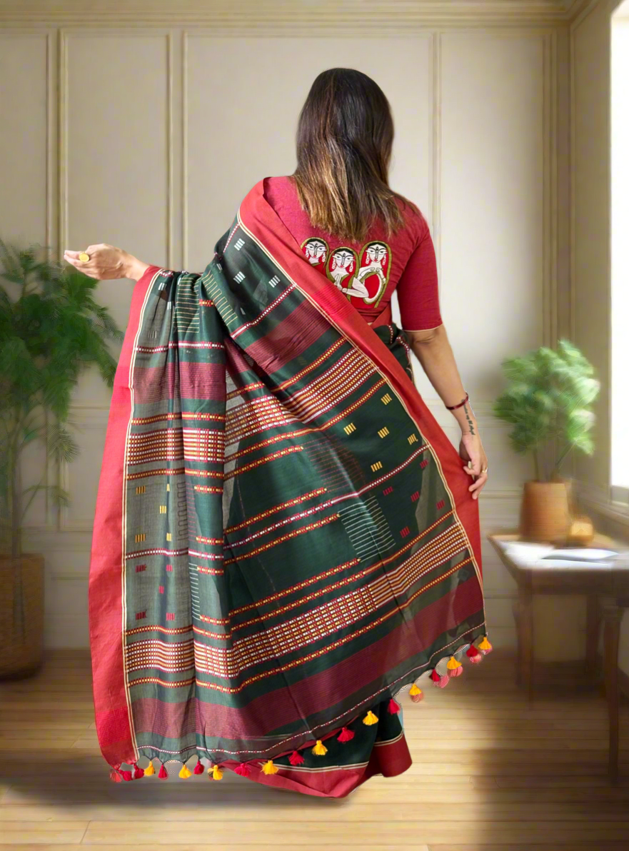 Pure Cotton handwoven Saree (Handloom Marked)- Dark Green