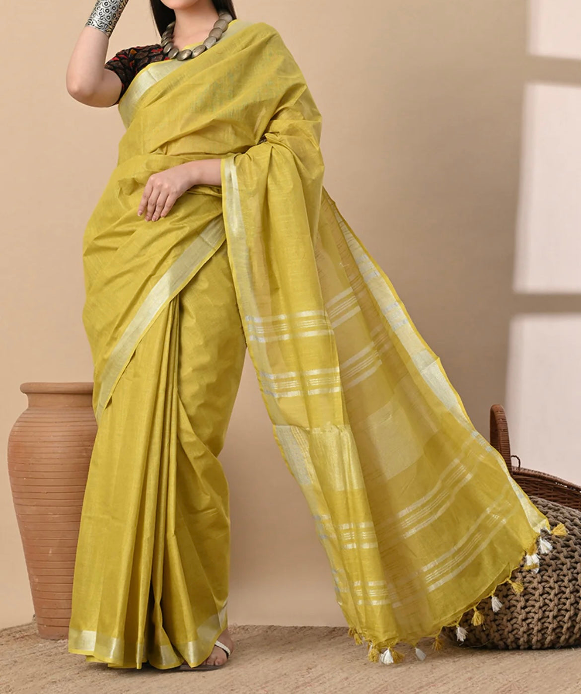 Cotton Linen Saree With running Blouse