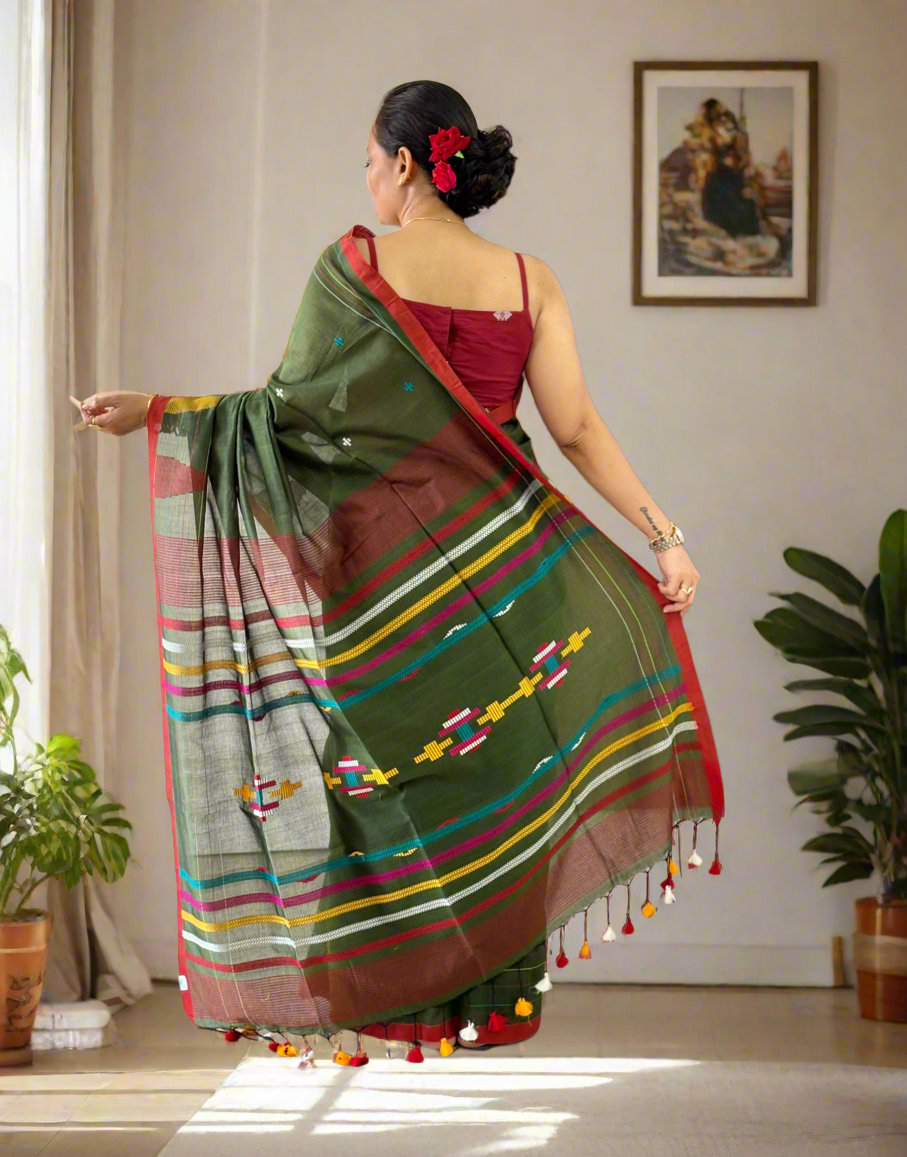 Pure Cotton handwoven Saree (Handloom Marked)- Green