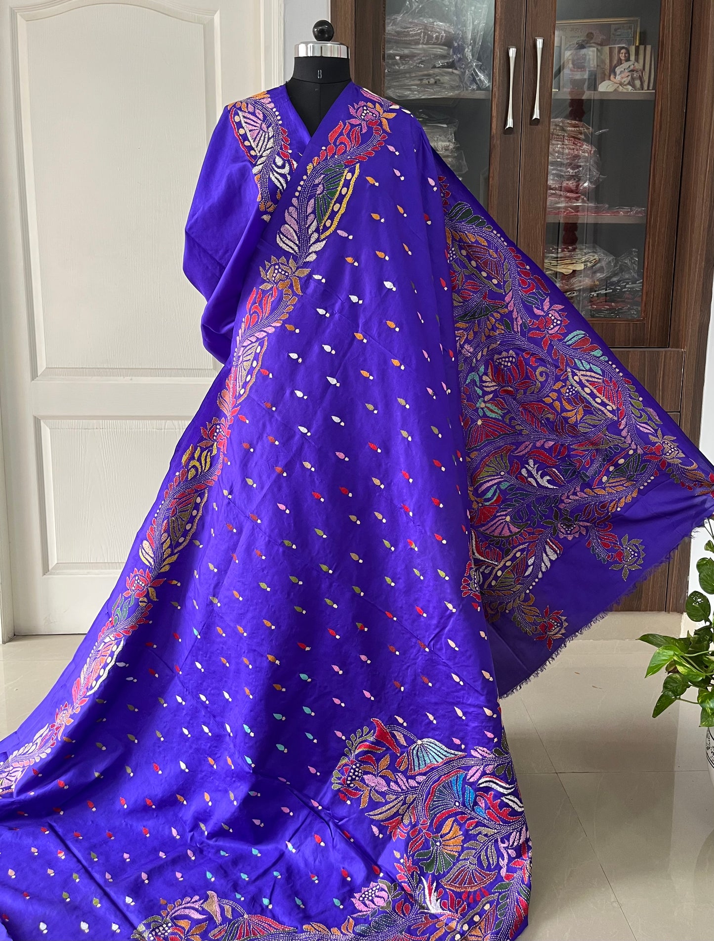Blue Kantha Stitch Hand Embroidered Pure Banglore Silk Saree