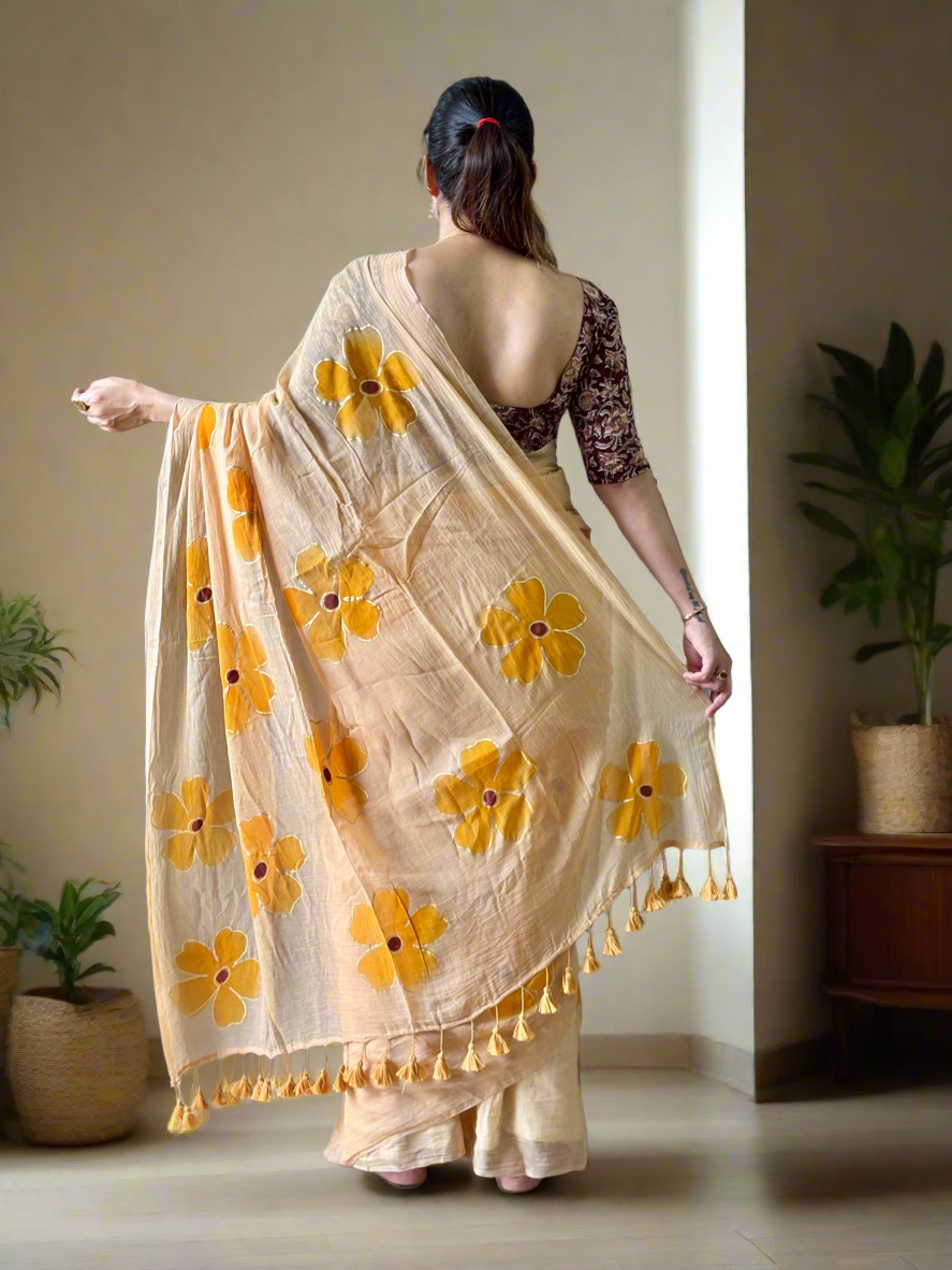Hand Painted Mul Cotton Saree - Badami