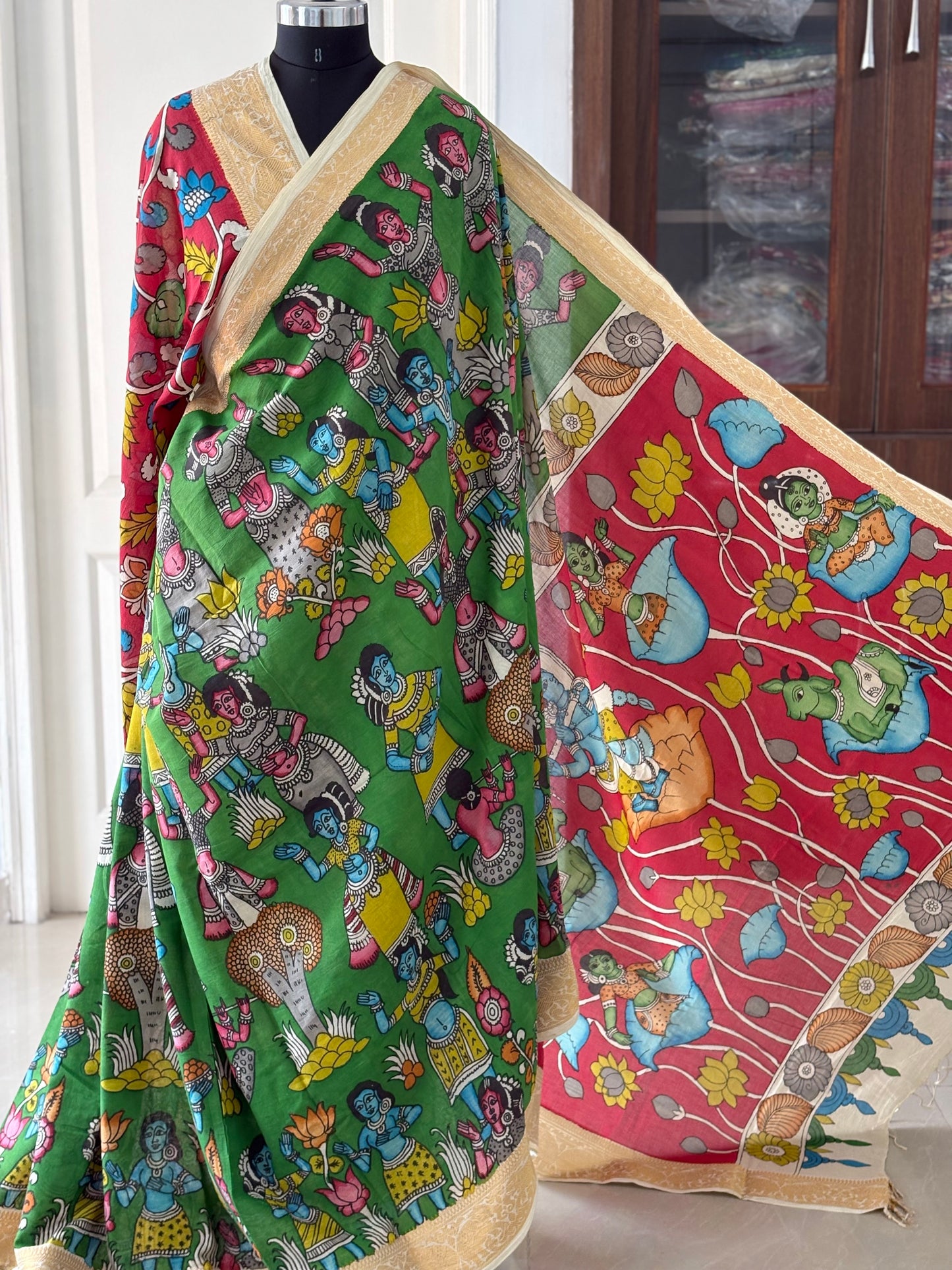 Pen Kalamkari hand painted pure cotton Saree with blouse