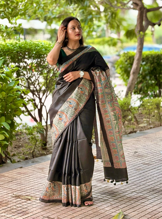 Pure Desi Tussar Silk Handcrafted Madhubani Saree (Silk Marked)