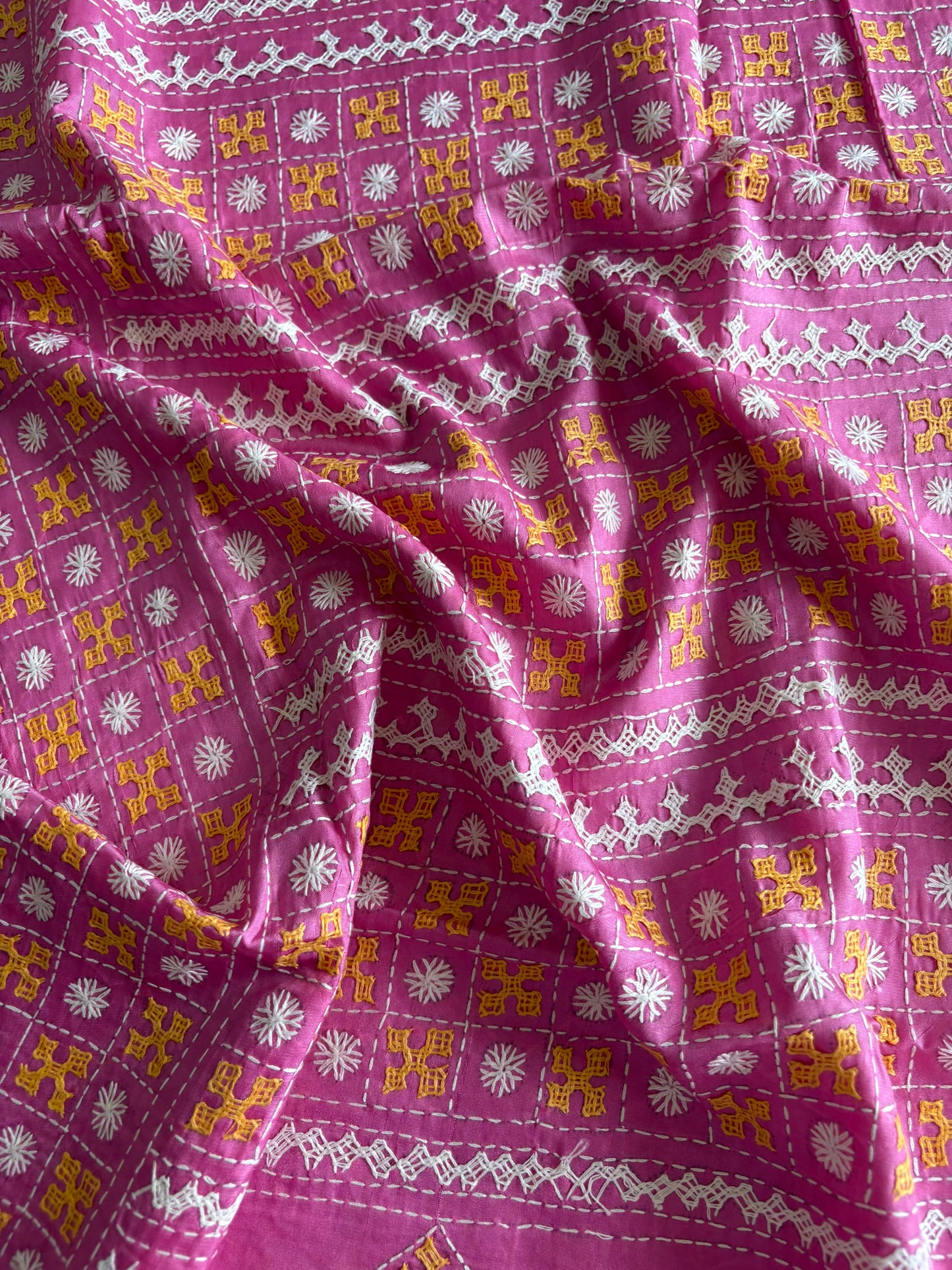 Gujrati Stitch/Kutch Hand Embroidered Art Silk Saree