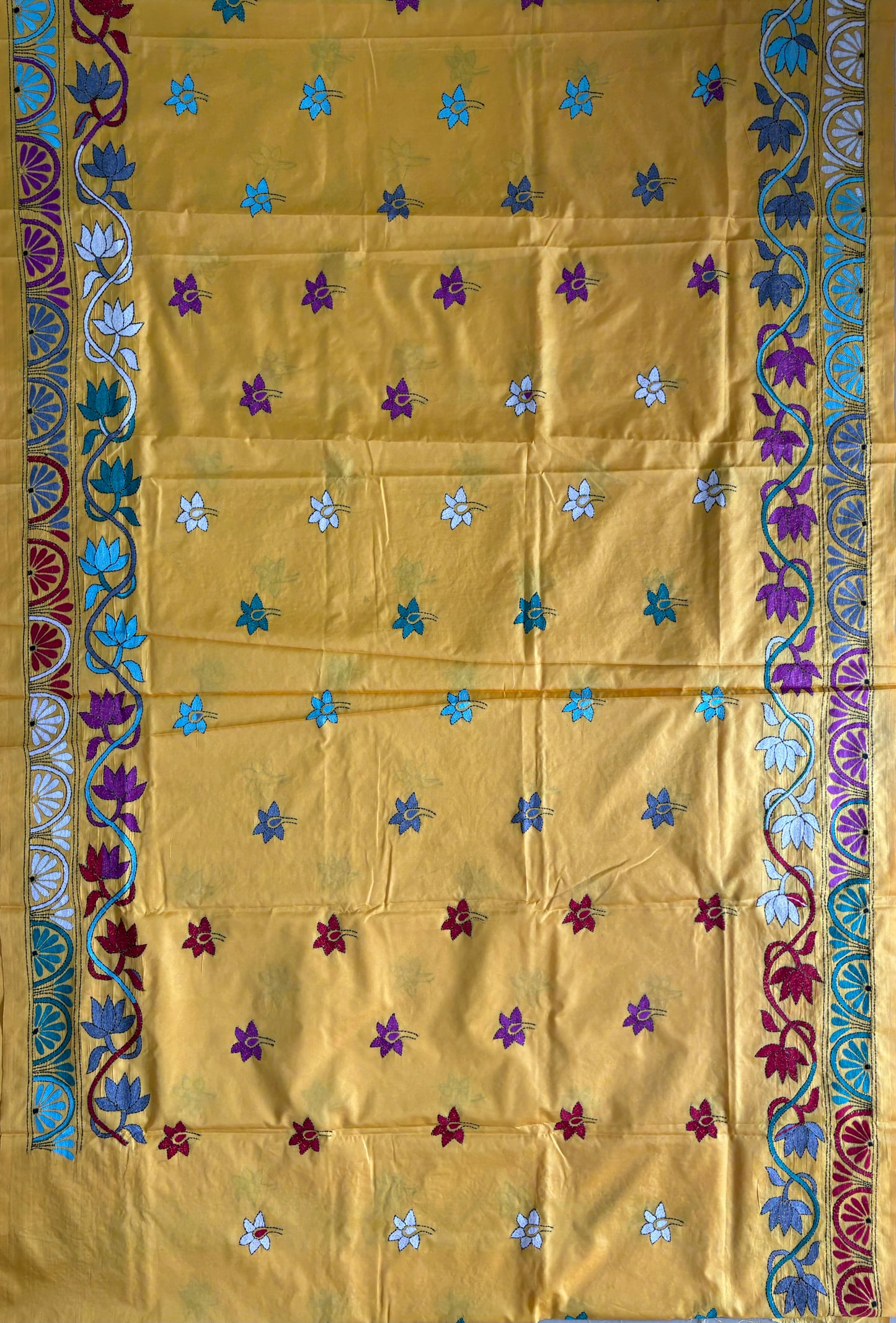 Kantha Hand Embroidered Blended Banglore Silk/Art Silk Saree With Blouse