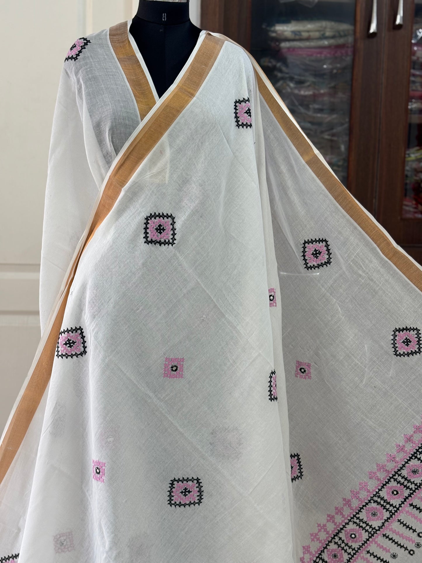 Gujrati Stitch/Kutch Hand Embroidered South Cotton Saree