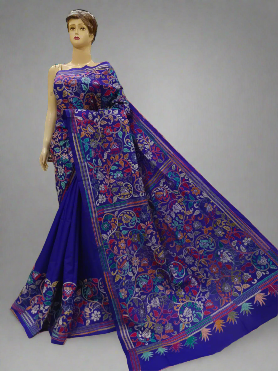 Kantha Hand Embroidered Pure Banglore Silk Saree (Silk Marked)