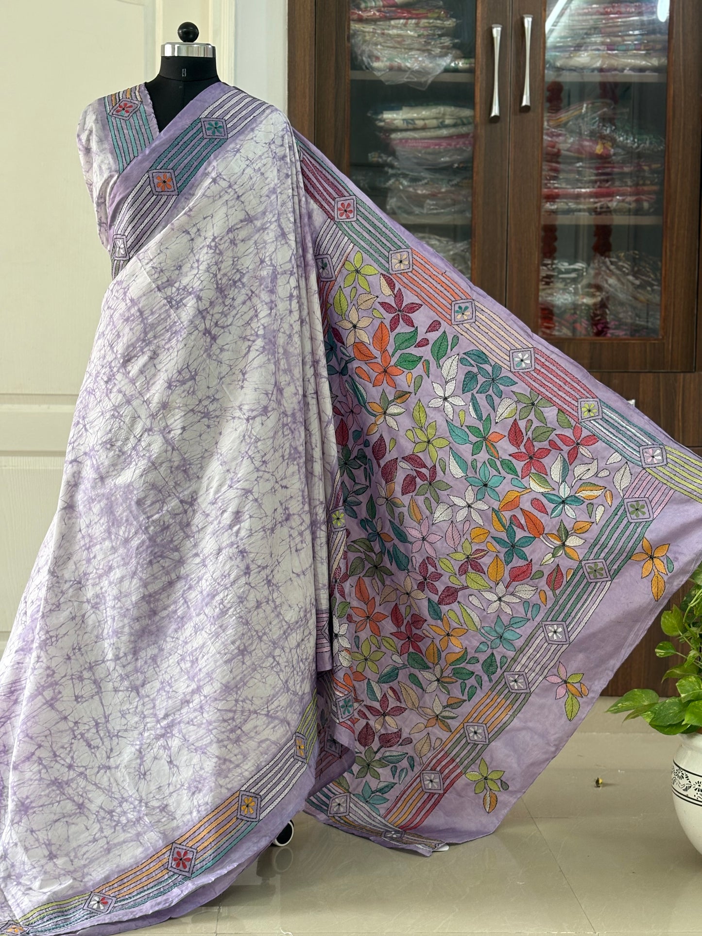 Kantha Hand Embroidered Hand Batik Art Silk Saree With Blouse
