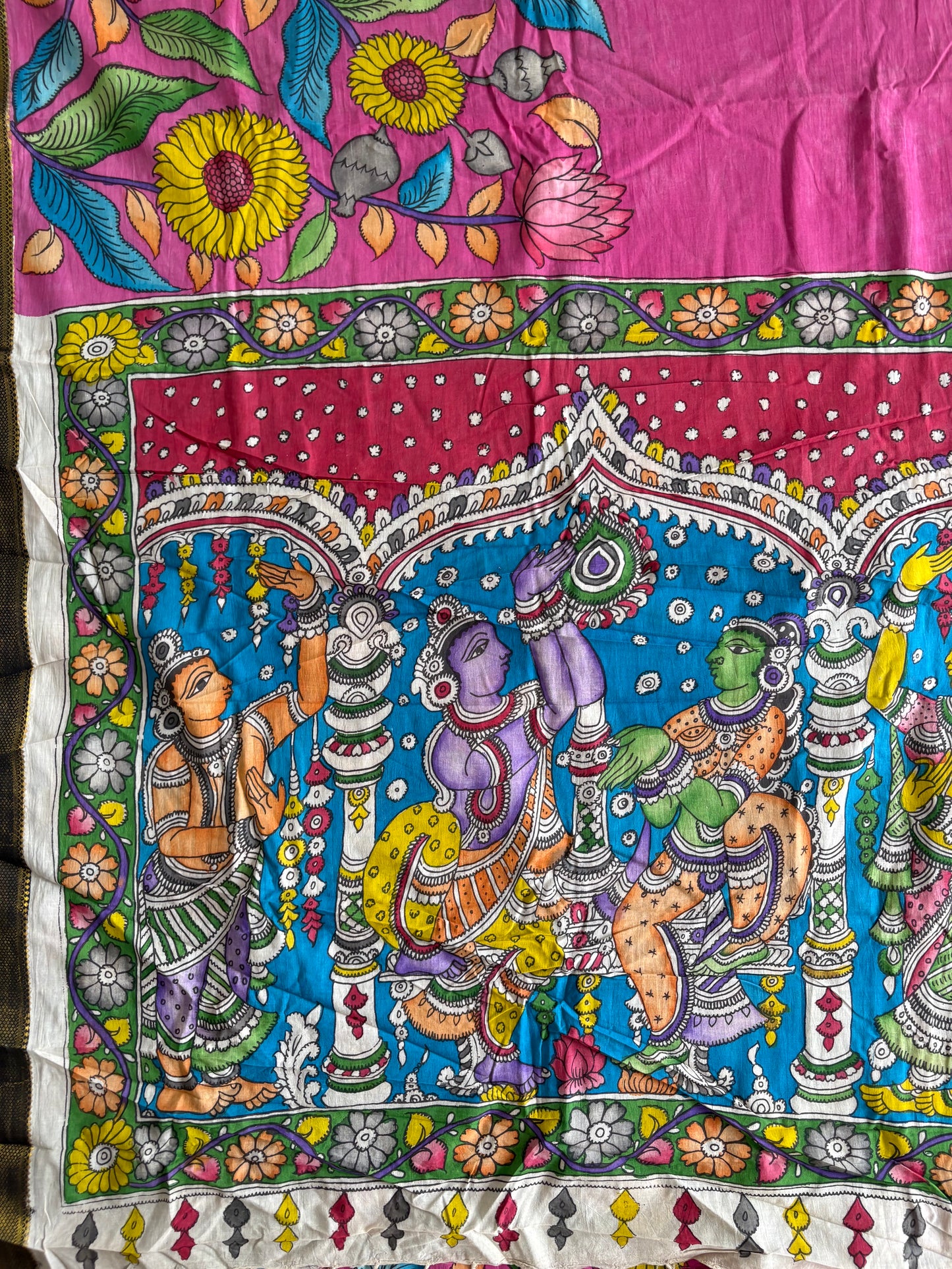Pen Kalamkari hand painted pure cotton Saree with blouse