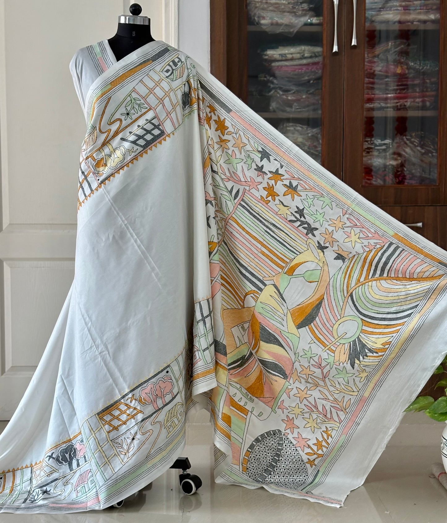Off White Hand Embroidered Kantha Stitch Saree in Artificial Silk