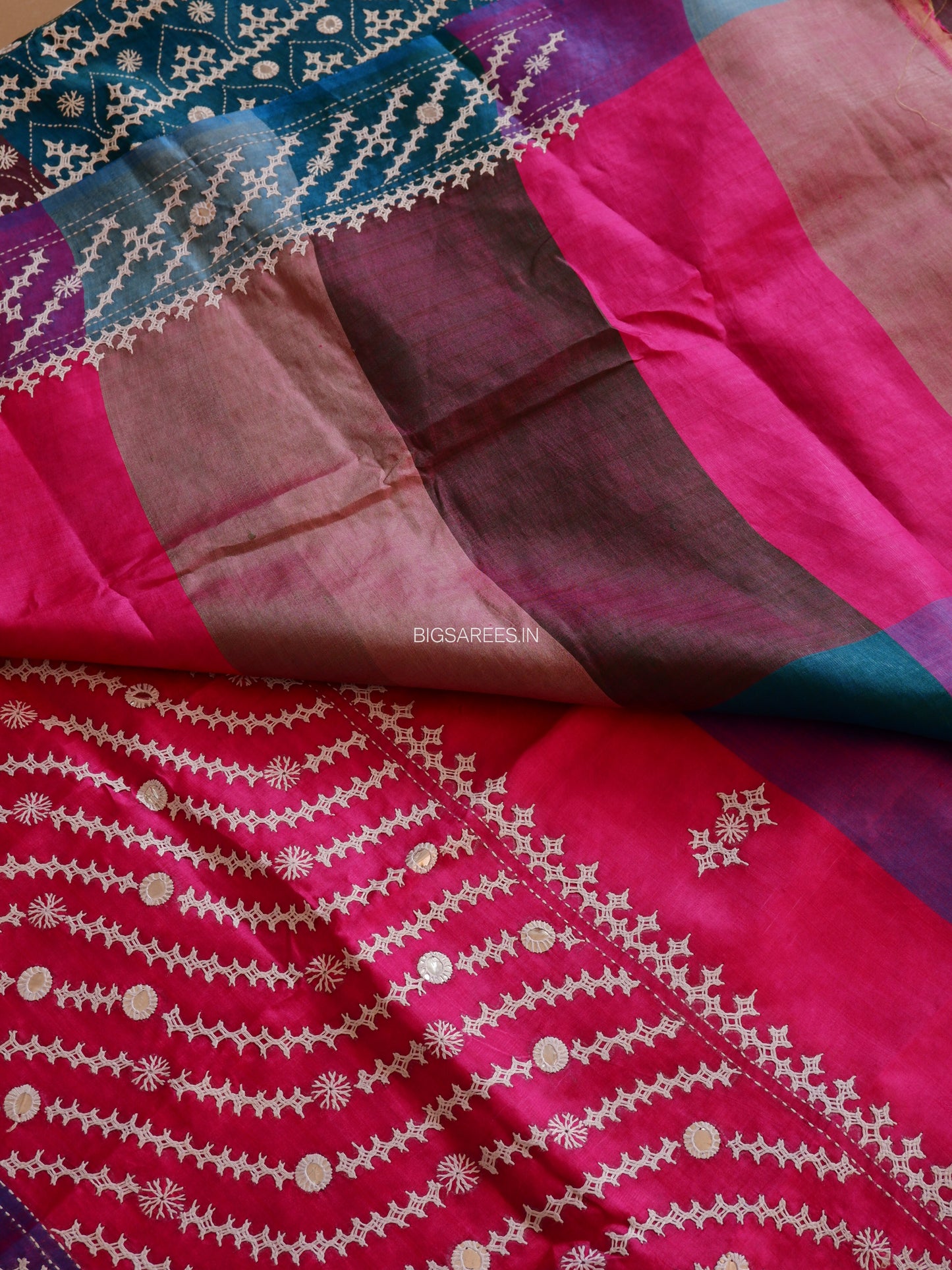 Gujrati/Kutchi Work Hand Embroidered Pure Banglore Silk Saree