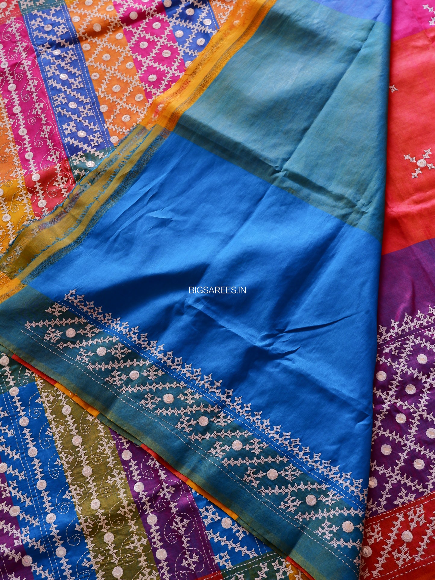 Gujrati/Kutchi Work Hand Embroidered Pure Banglore Silk Saree