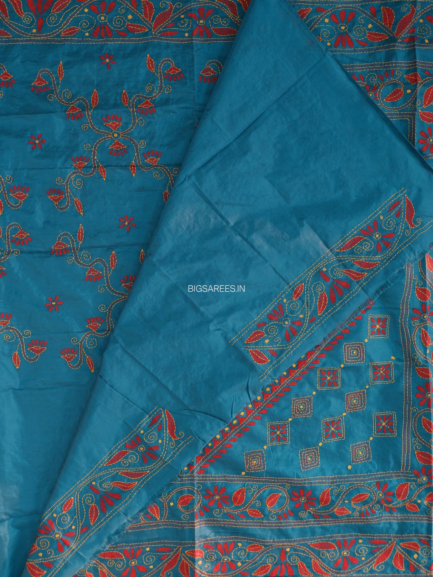 Kantha Stitch Hand Work Embroidered Art Silk Saree With Blouse