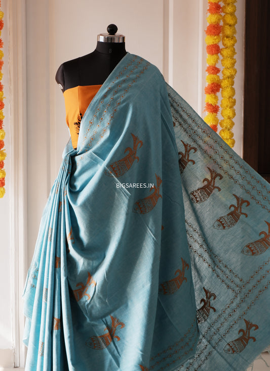 Kantha stitch Khadi Cotton Saree - Light Blue