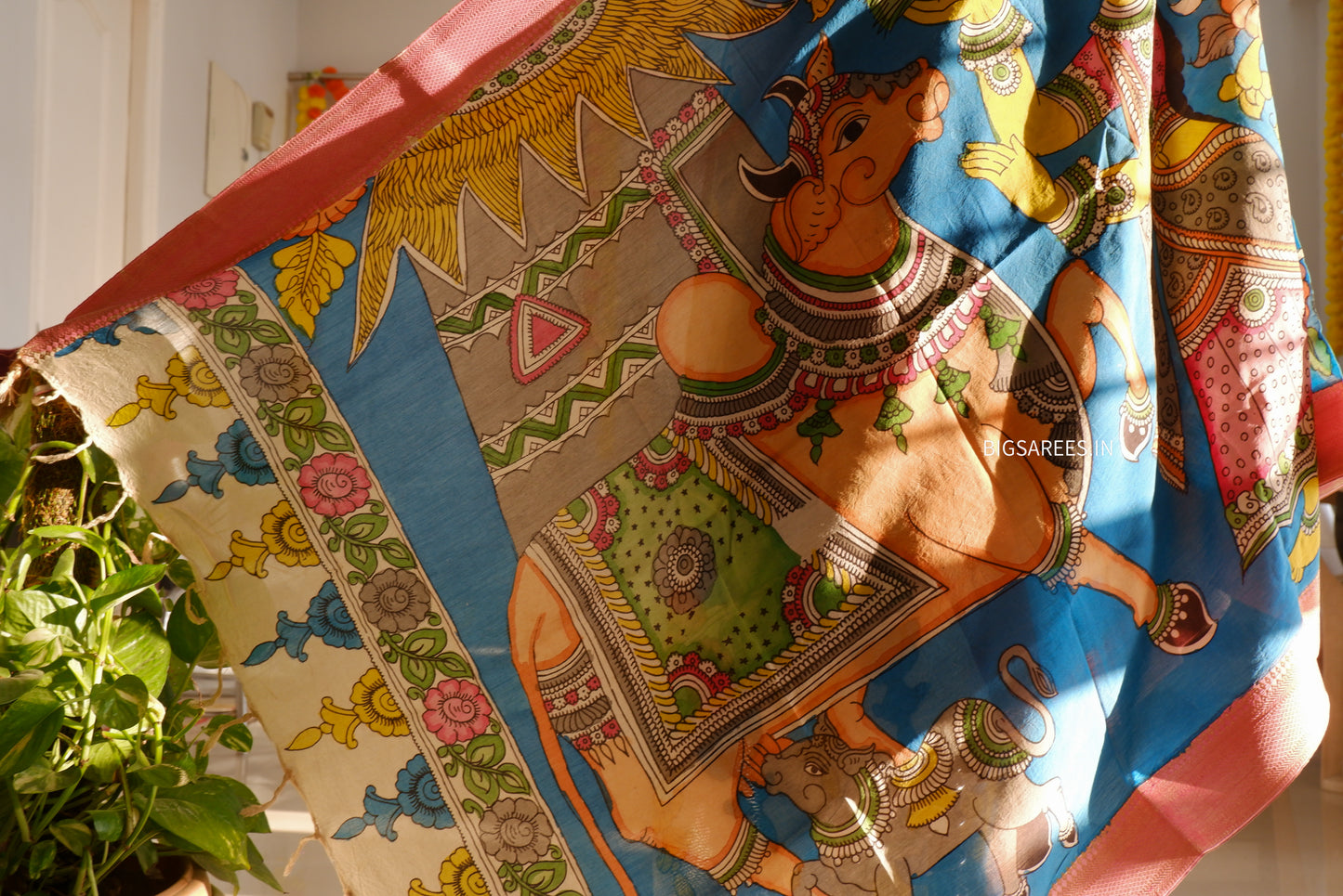 Pen Kalamkari Hand Painted Bangalore Silk Dupatta | Blue | 36"